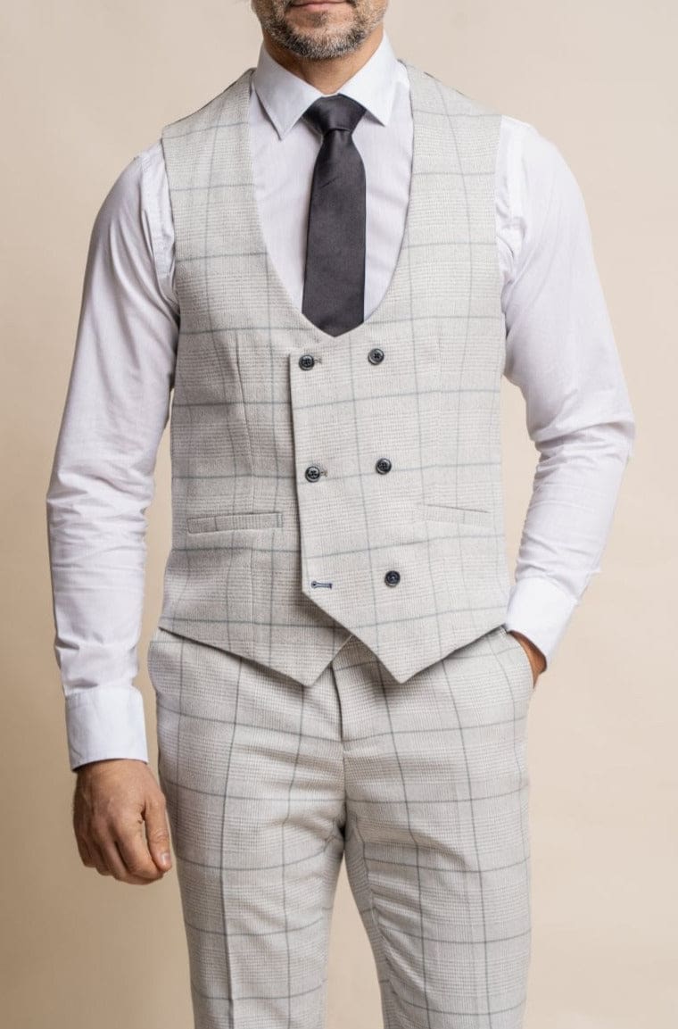 Cavani Radika 3-Piece Light Gray Check Tweed Suit for Men - Formal Business Attire, Office Wear & Wedding Outfit