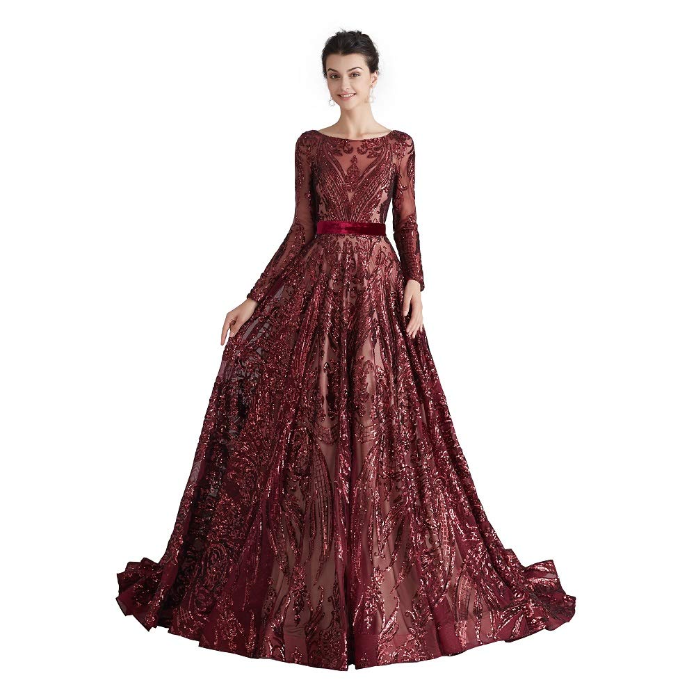 Engerla Long Sleeve A-Line Prom Dress with Chapel Train - Sparkling Sequined Evening Gown for Celebrity Pageant, Party & Formal Events - Perfect for Homecoming, Wedding Guest & Red Carpet Occasions