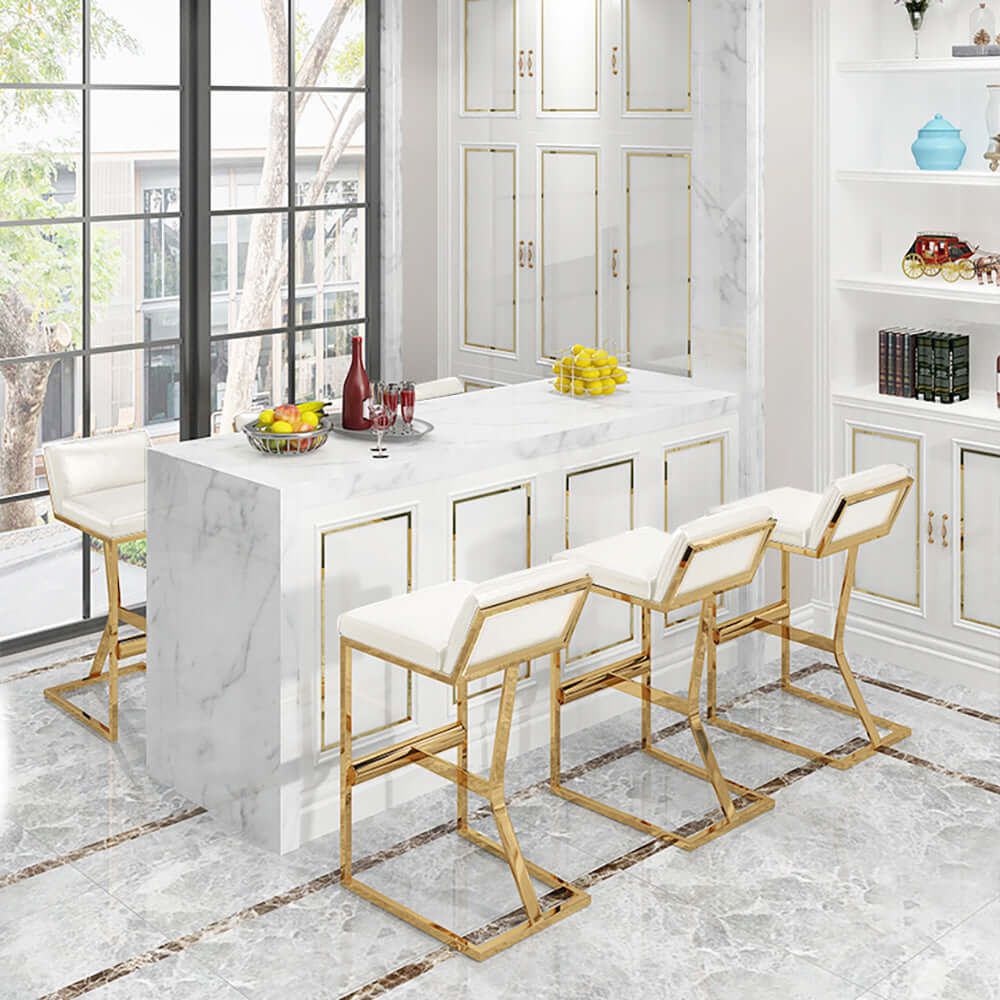 White PU Leather Bar Stool with Gold Legs & Footrest - Modern Counter Height Stool for Kitchen Island, Breakfast Bar & Home Decor