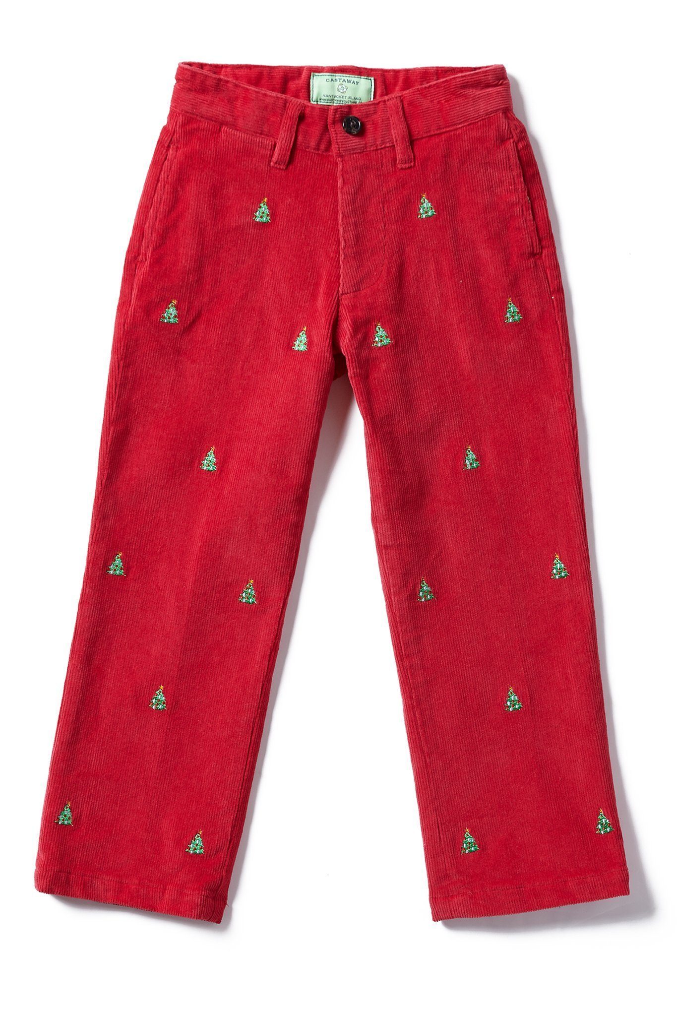 Boys Corduroy Pants - Crimson Red Christmas Tree Print for Holiday & Winter Outfits - Casual Playwear & Festive Family Gatherings