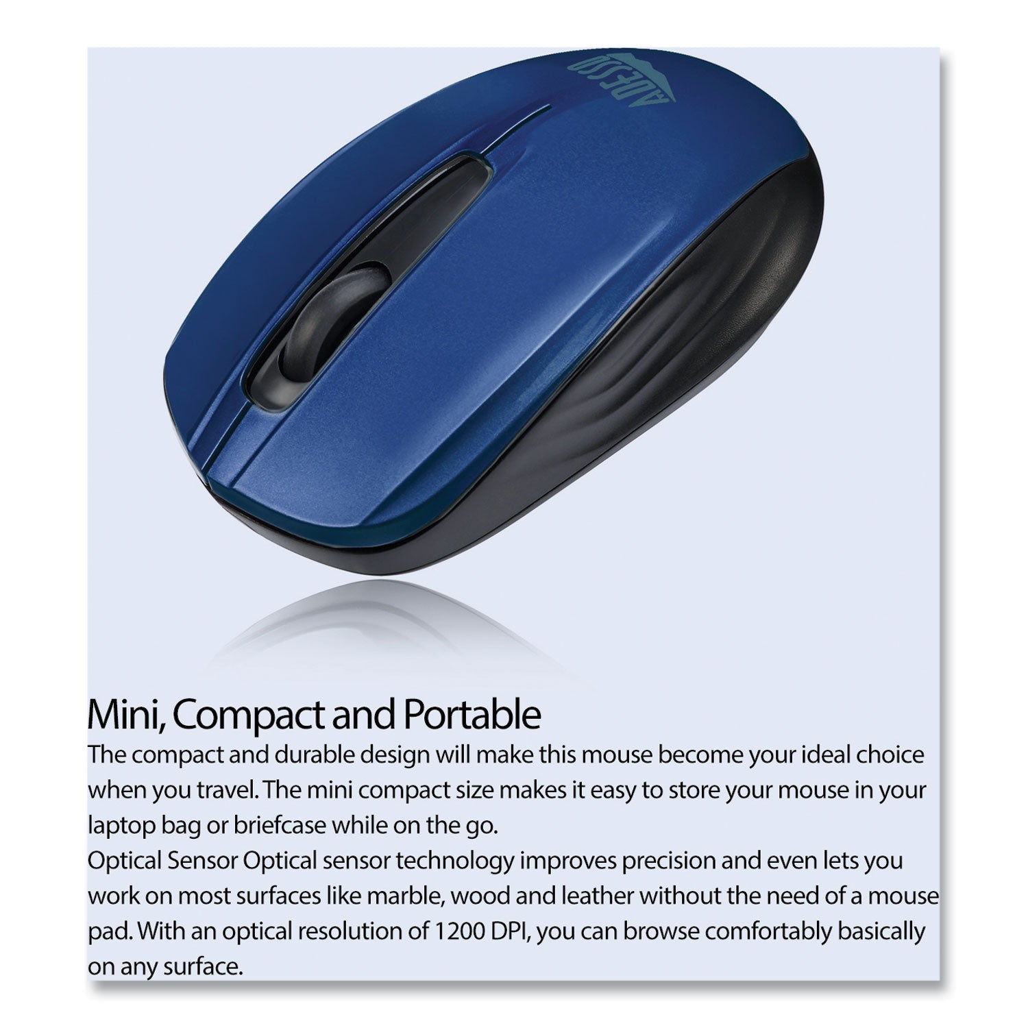 Adesso Imouse S50 Wireless Mini Mouse - 2.4GHz USB Optical Mouse with 33ft Range, Ambidextrous Design for Left/Right Hand Use, Portable Travel Mouse for Laptop, PC, Mac - Perfect for Office, Home & Travel (Blue)