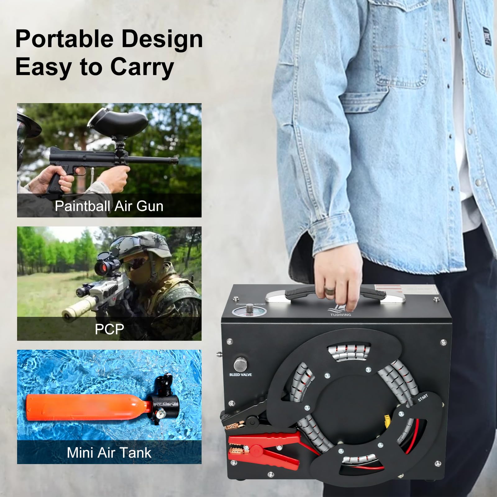 Portable PCP Air Compressor 4500PSI/30MPA - High Pressure Paintball & Scuba Tank Compressor with Auto-Stop, Vertical Design & Wire Spool - 110V (TXES062) - Perfect for Paintball, Scuba Diving & HPA Pump Filling Stations