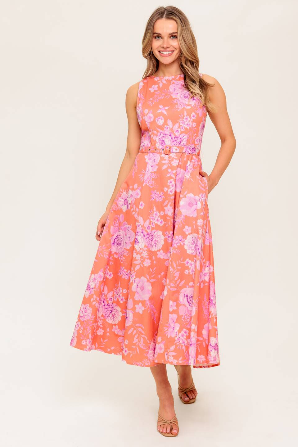 Coastline Stroll Midi Dress with Pockets - Coral Floral Print Summer Beach Dress for Women | Perfect for Vacations, Weddings & Outdoor Events