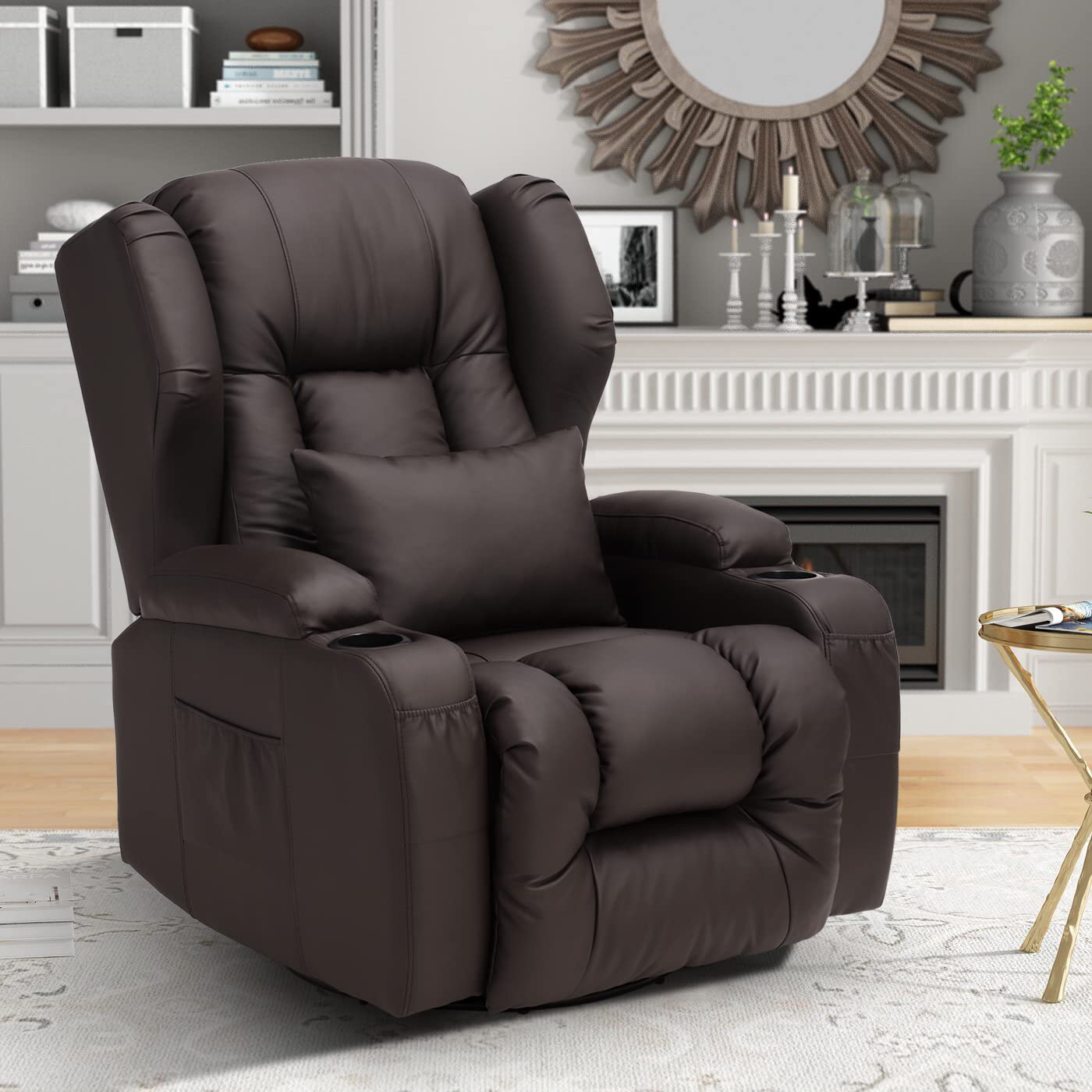 URRED Swivel Rocker Recliner Chair - PU Leather Living Room Recliner with Cup Holders, Lumbar Support Pillow & Storage Pockets - Wingback Design in Brown - Perfect for Home Theater, Gaming & Relaxation