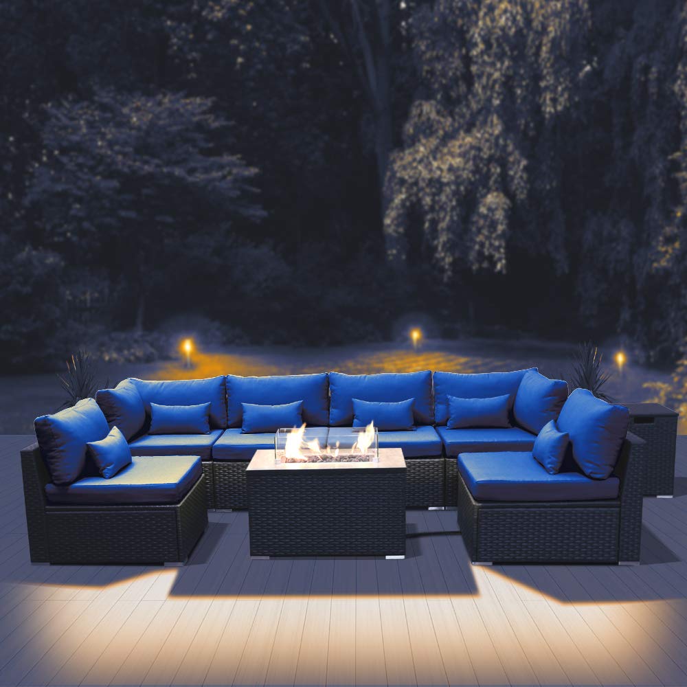 Premium Dineli Outdoor Patio Furniture Set - 7-Piece Sectional Sofa with Rectangular Gas Fire Pit Table, Royal Blue Cushions - Perfect for Backyard, Poolside & Garden Gatherings