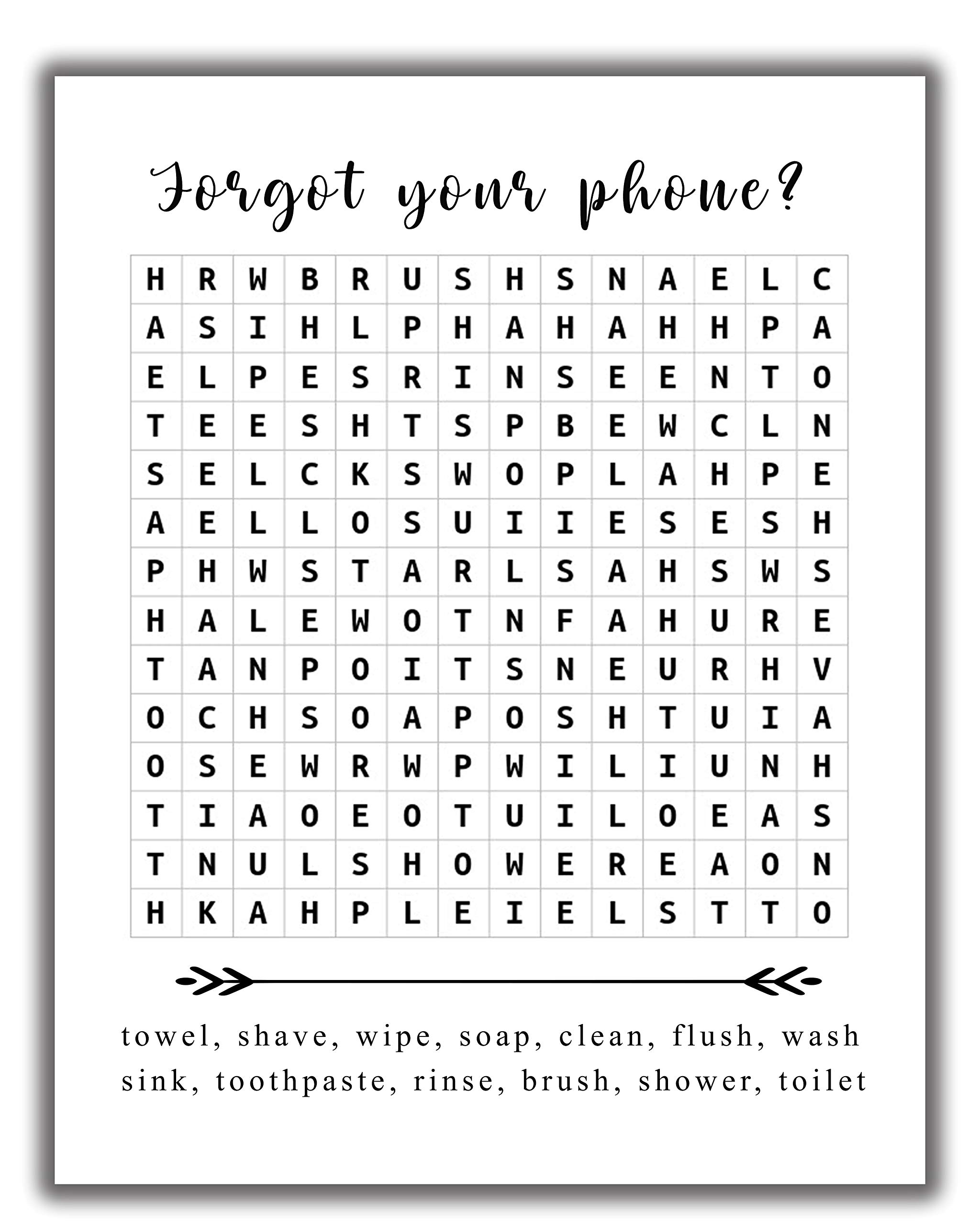 Funny Bathroom Wall Art Print - 11x14 UNFRAMED Black & White Word Search Puzzle Decor Printed on Premium Photographic Paper | 'Forget Your Phone?' Quote | Perfect for Powder Room, Guest Bathroom or Home Office Decor