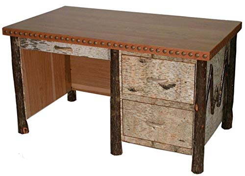 Solid Wood Hickory Birch Bark Desk with Cherry Wood Top - Rustic Home Office Furniture for Study & Workspace