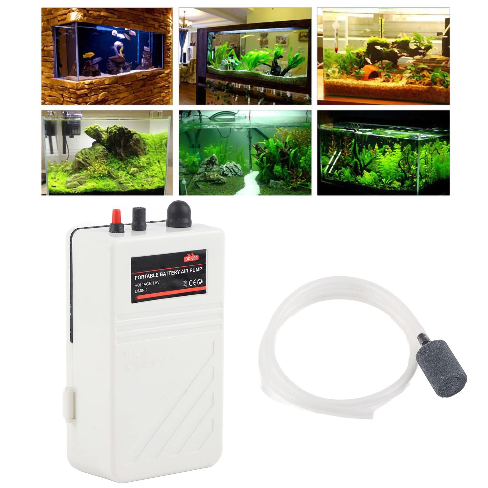 Portable Aquarium Air Pump for Fish Tank - Battery Powered Oxygen Pump with Air Stone & Tubing, 2 D Batteries Operated - Ideal for Outdoor Fishing, Emergency Backup, Home & Office Aquariums