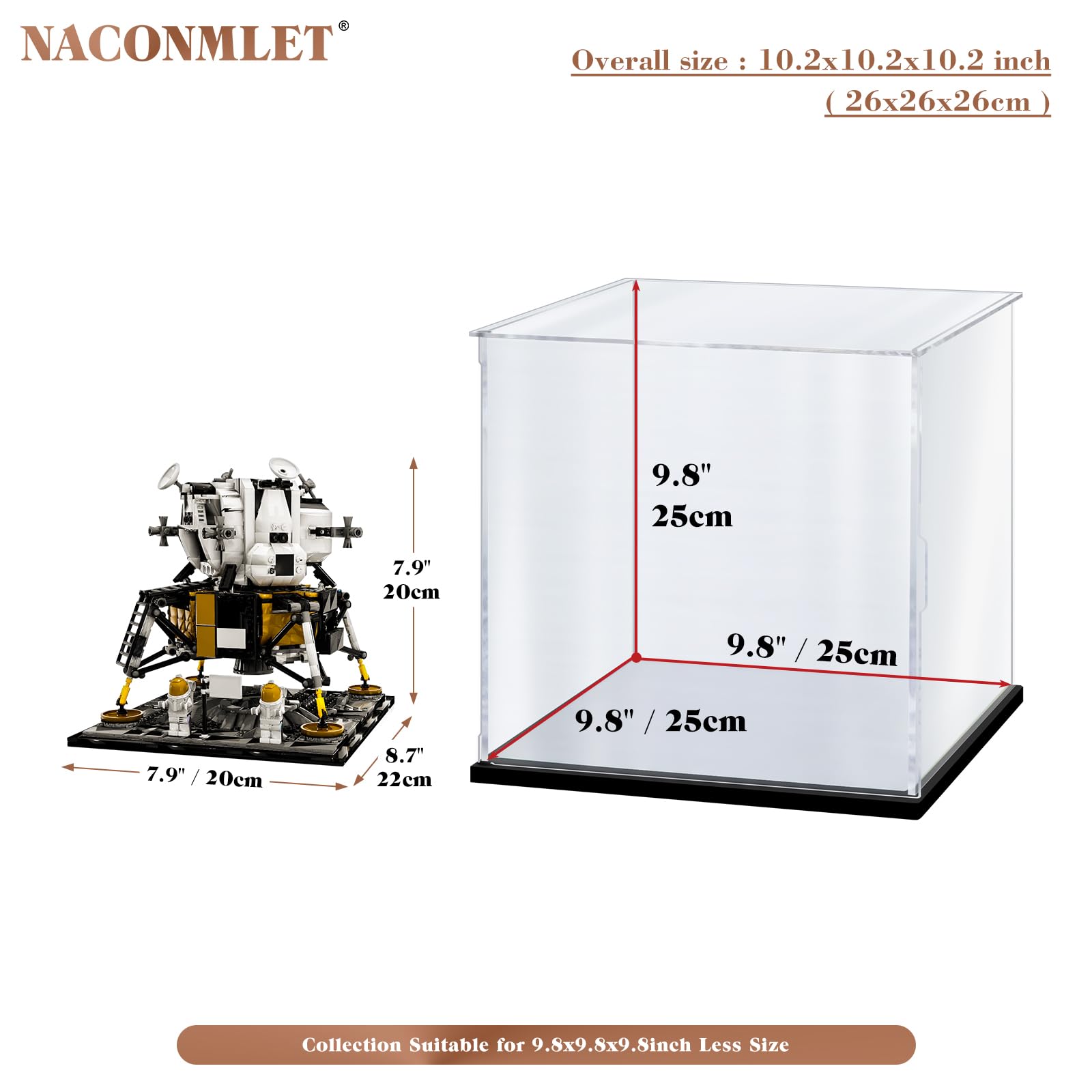 Premium Clear Acrylic Display Case for Lego NASA Apollo 11 Lunar Lander - Dustproof Showcase & Protection Box for Collectibles, Action Figures & Model Sets (9.8x9.8x9.8 Inches) - Perfect for Home Decor, Office Display & Gift Presentation