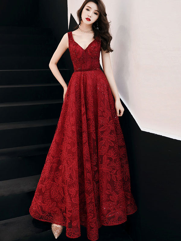 Elegant Burgundy Sequin Lace A-Line Maxi Wedding Dress for Brides - Perfect for Formal Weddings, Evening Galas & Special Occasions
