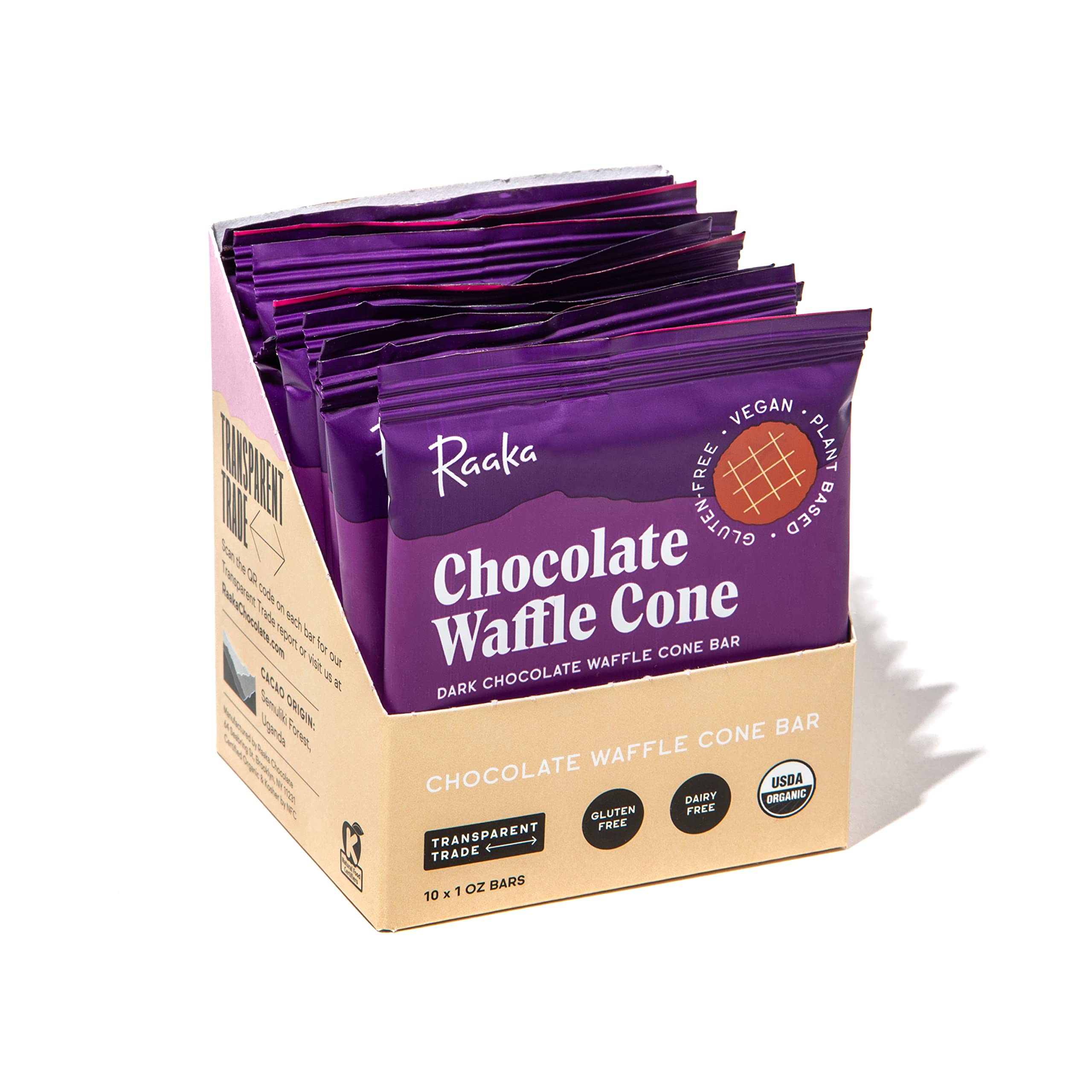 Raaka Organic Vegan Dark Chocolate Waffle Cone Bar - Fair Trade, Non-GMO, Gluten-Free, Kosher, Soy-Free Bean-to-Bar Gourmet Chocolate (10-Pack, 1.0 oz Bars) - Perfect for Gifts, Dessert Toppings & Healthy Snacking