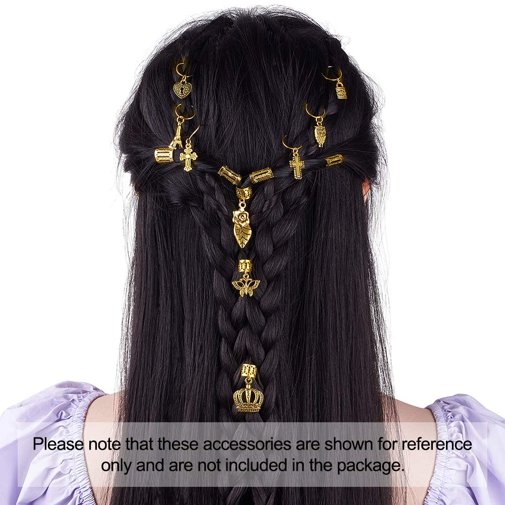 Craftdady 110Pcs Gold Metal Hair Jewelry Rings - Decorative Pendants, Coil Cuffs & Dreadlock Accessories with Leaf, Star, Butterfly, Heart, Key, Owl, Cross & Crown Charms - Perfect for Boho Hairstyles, Festivals & DIY Hair Styling