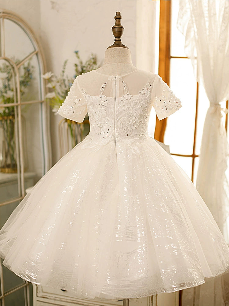 Princess Sweetheart Neckline Tea-Length Tulle Flower Girl Dress - White for Weddings, Bridal Showers & Special Occasions