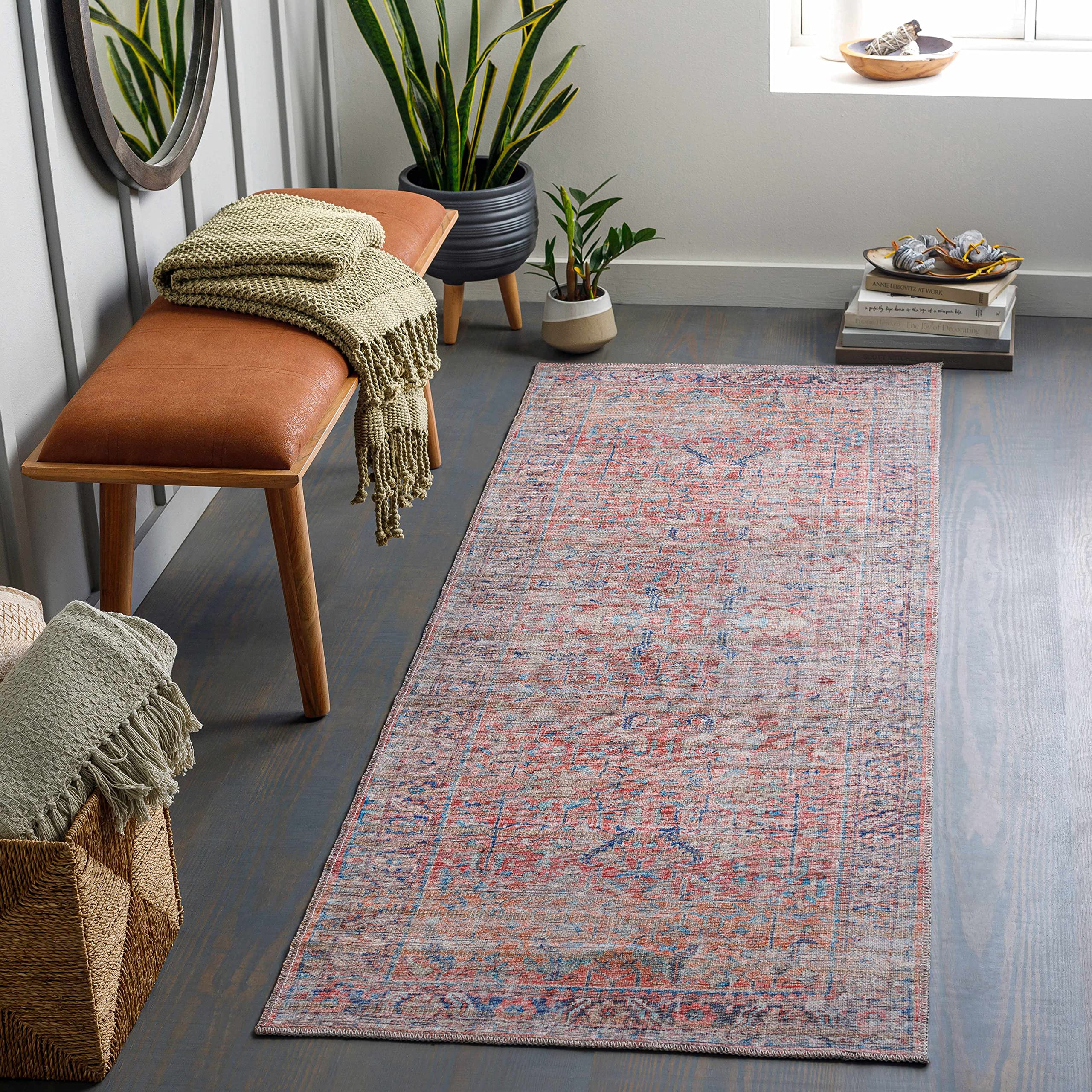 Hauteloom Noling Machine Washable Runner Rug for Hallway & Kitchen - Non-Slip, Durable - Blue, Beige, Pink - 2'7