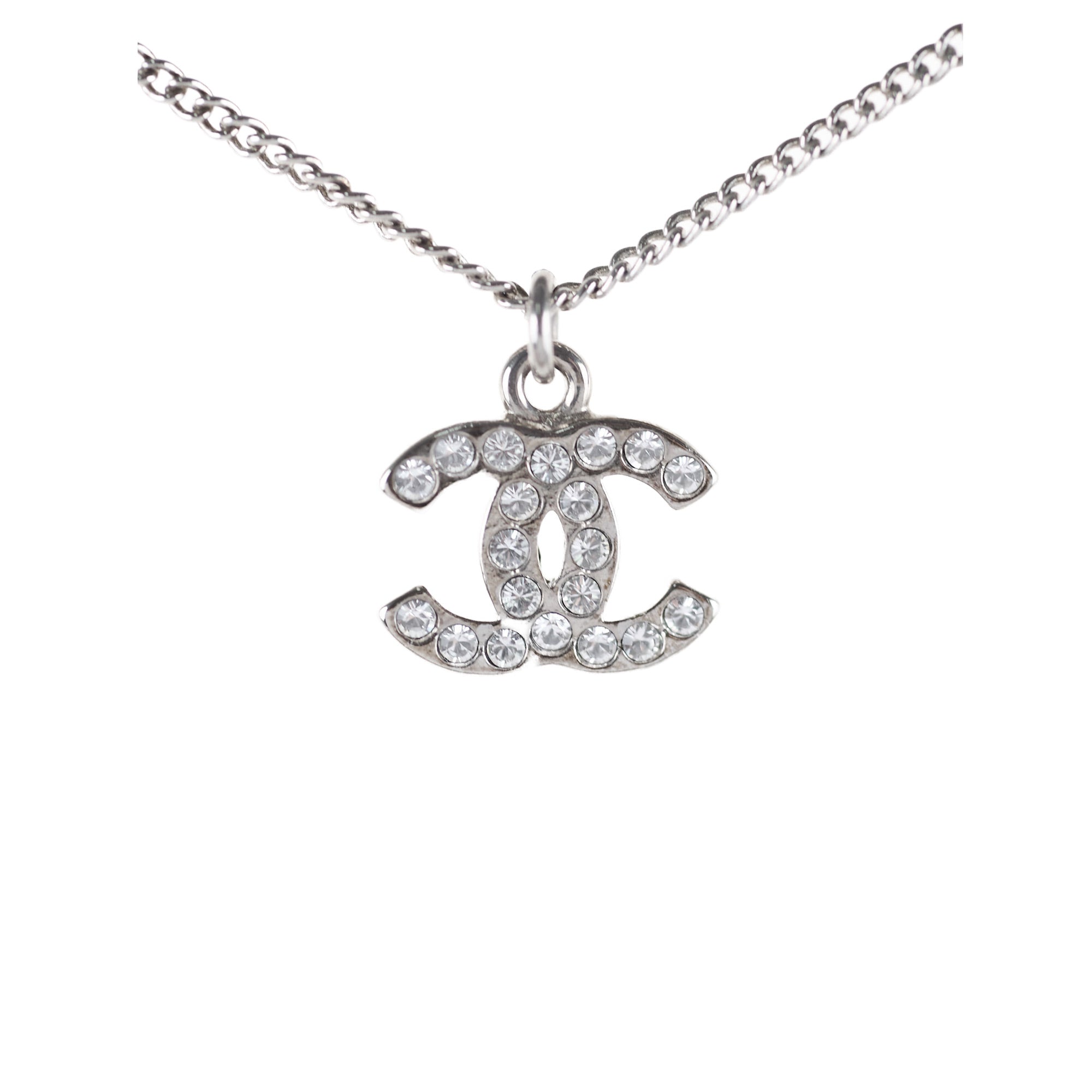 Chanel CC Logo Rhinestone Silver Necklace for Women - Elegant Costume Jewelry for Party, Wedding & Evening Wear