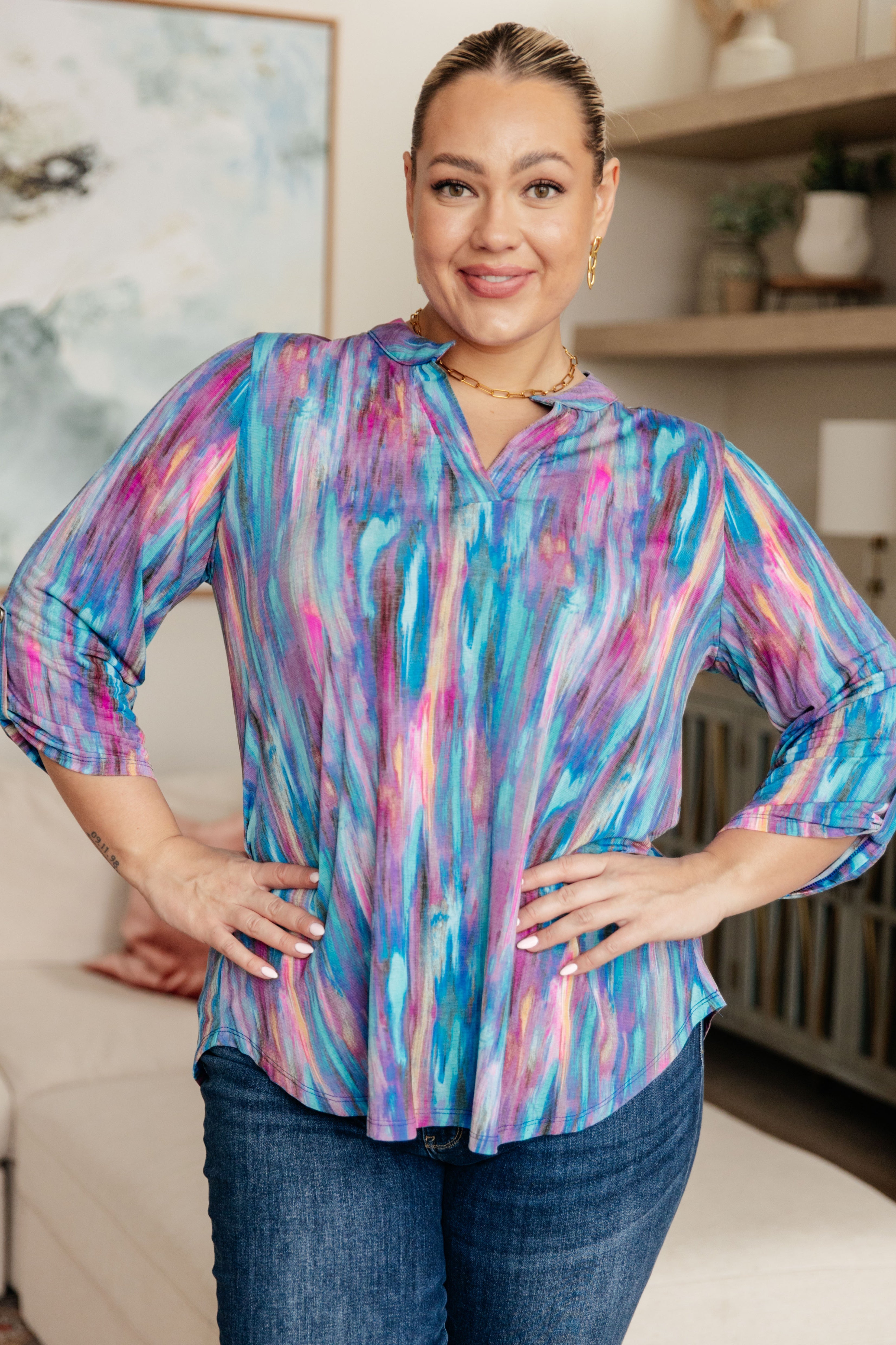 Lizzy Women's Blue Multi Print Top - Stylish Casual Blouse for Everyday Wear, Office, and Date Nights