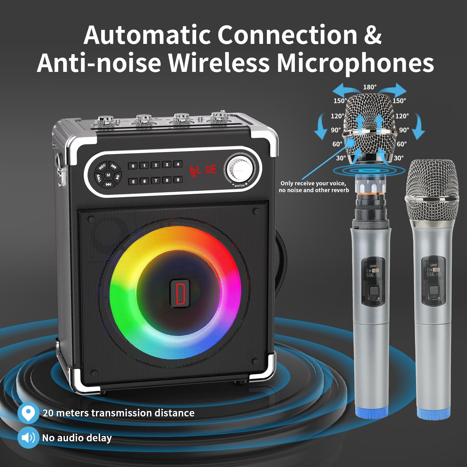 Portable Karaoke Machine with 2 Wireless Microphones - Bluetooth 5.1 Speaker with Bass/Treble Control, PA System, Remote, LED Lights, TF/USB/AUX Input, TWS, FM Radio, Recording for Home Parties, Family Gatherings & Outdoor Events