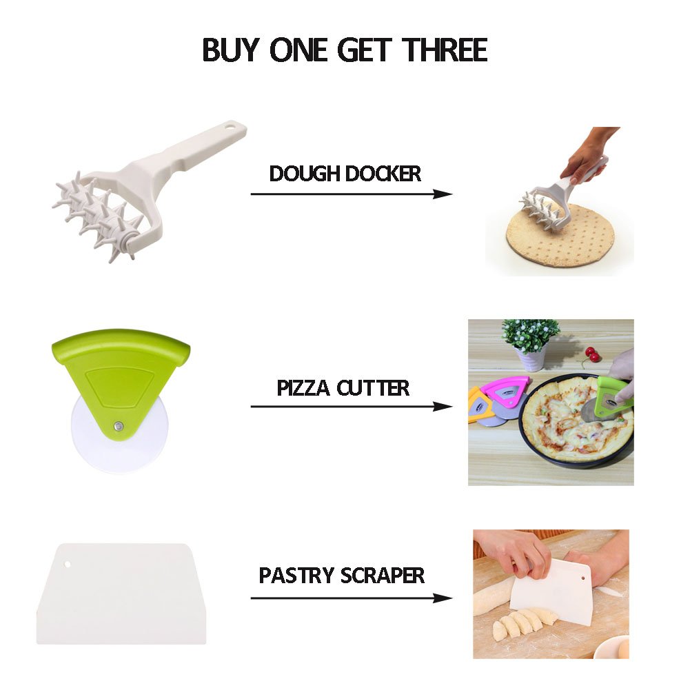 Premium Pizza Dough Roller Docker - Professional Dough Blistering Preventer Tool - Includes Pizza Cutter & Pastry Scraper (3-in-1 Set) - Perfect for Home Baking, Restaurant Use & Pizza Parties - Gift Ready Packaging