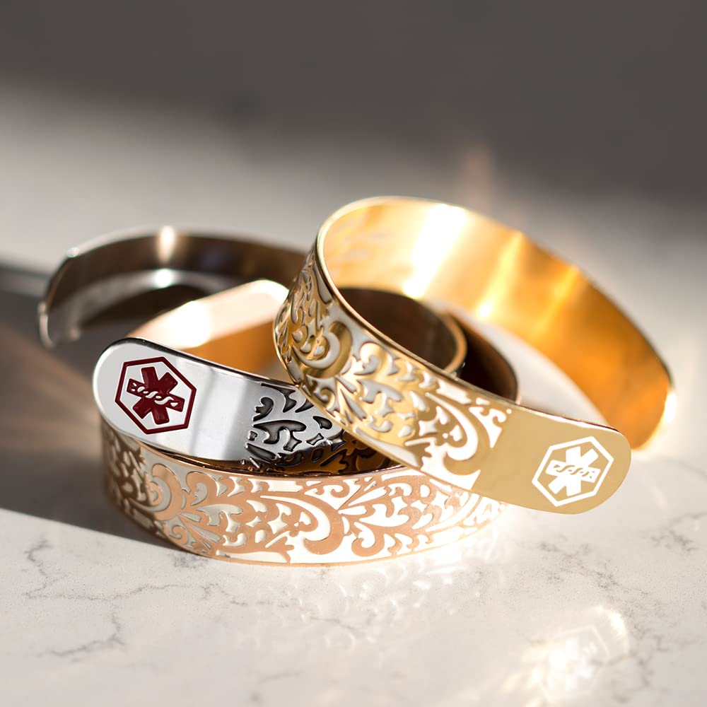 Custom Engraved Medical ID Cuff Bracelets for Women - Rose Gold, Silver & Gold Tone Stainless Steel | Personalized Medical Alert Jewelry for Diabetes, Allergies & Emergency Info | Perfect for Nurses, Doctors & Healthcare Workers