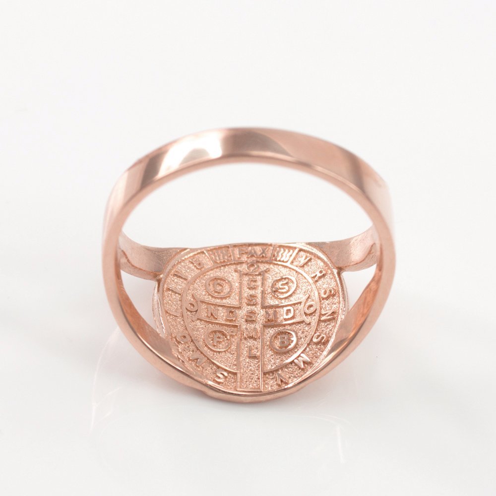 10K Rose Gold Saint Benedict Medallion Ring for Men & Women - Religious Jewelry for Protection & Faith - Perfect for Gifts, Daily Wear & Special Occasions