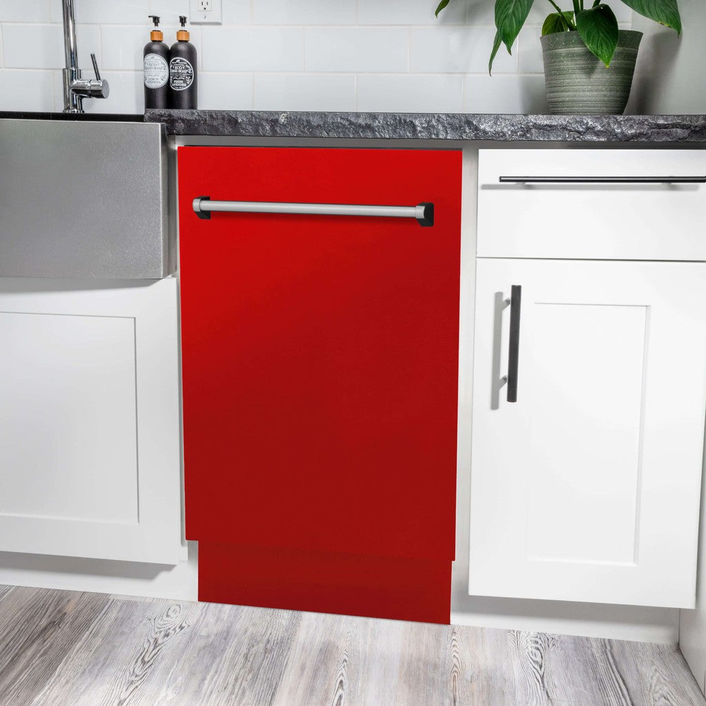 ZLINE 18 Inch Tallac Series 3rd Rack Top Control Built-In Dishwasher - Red Matte Finish with Stainless Steel Tub, 51dBa Ultra Quiet (DWV RM 18) | Perfect for Modern Kitchens, Small Spaces & Energy-Efficient Homes