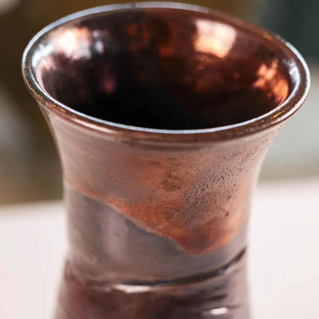 XL Decorative Raku Rubber Band Vase - Handcrafted Ceramic Pot in Copper, Purple & Gray Hues | Creative Collection for Home Decor, Wedding Centerpiece & Boho Style Interior Design