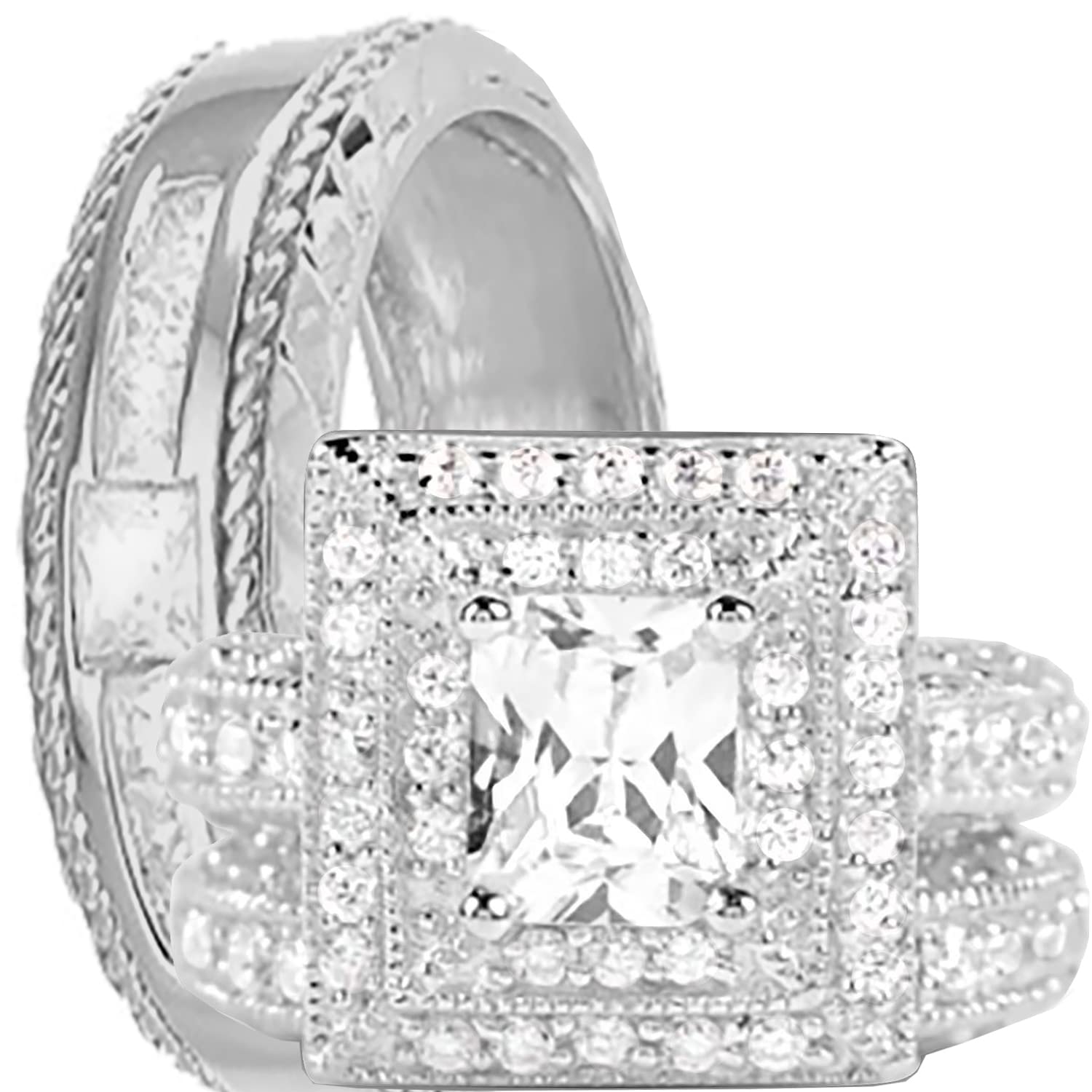 His and Hers TRIO CZ Wedding Engagement Ring Set - Sterling Silver Matching Bands for Couples - Perfect for Anniversaries, Proposals & Romantic Occasions