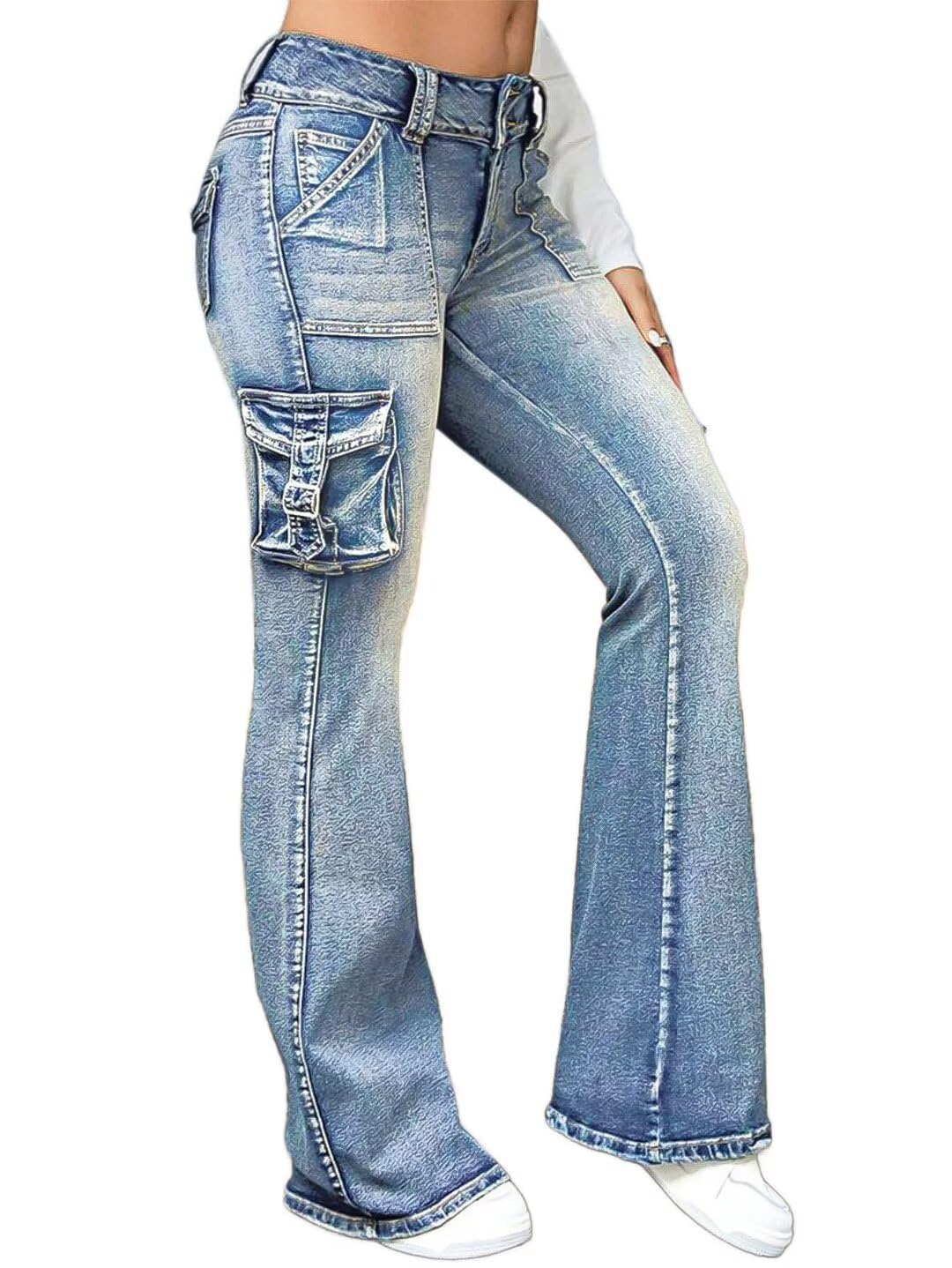 Flamingals Women's High Waist Cargo Jeans - Wide Leg Flare Denim Pants with Butt Lifting Design & Flap Pockets | Y2K Fashion Trend | Perfect for Casual Wear, Street Style & Retro Outfits
