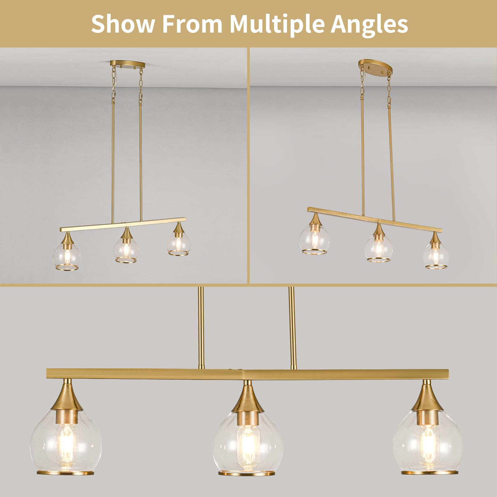 3-Light Gold Kitchen Island Linear Hanging Pendant Chandelier - Brushed Gold Dining Room Light Fixture with Clear Round Glass Shades - Perfect for Kitchen Islands, Dining Tables, and Breakfast Bars