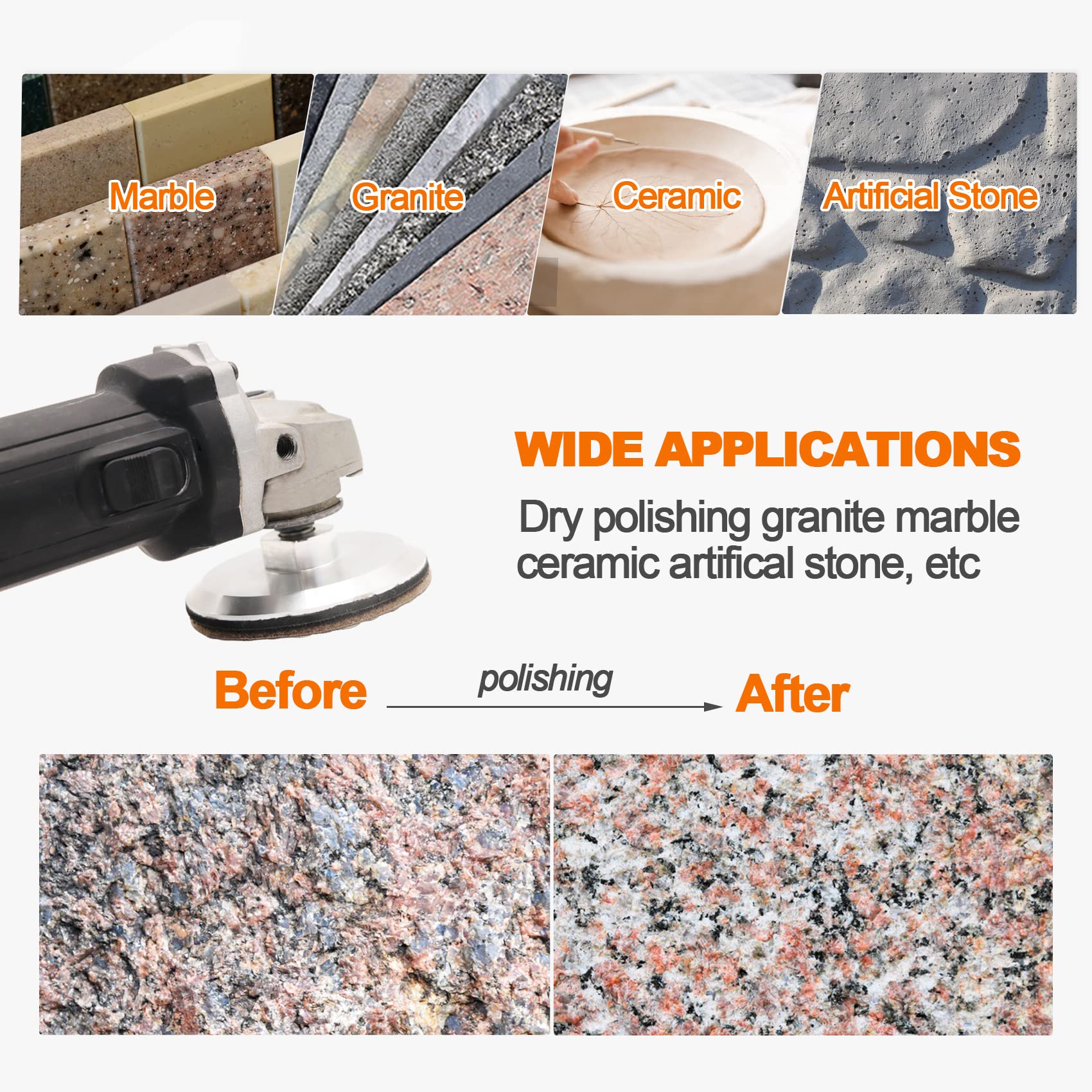 7pcs 4 Inch Diamond Polishing Pad Set #50 Grit for Granite, Marble, Quartz Countertops - Wet/Dry Sanding Disc Kit for Grinder & Polisher - Perfect for Stone Restoration, Floor Polishing & DIY Projects