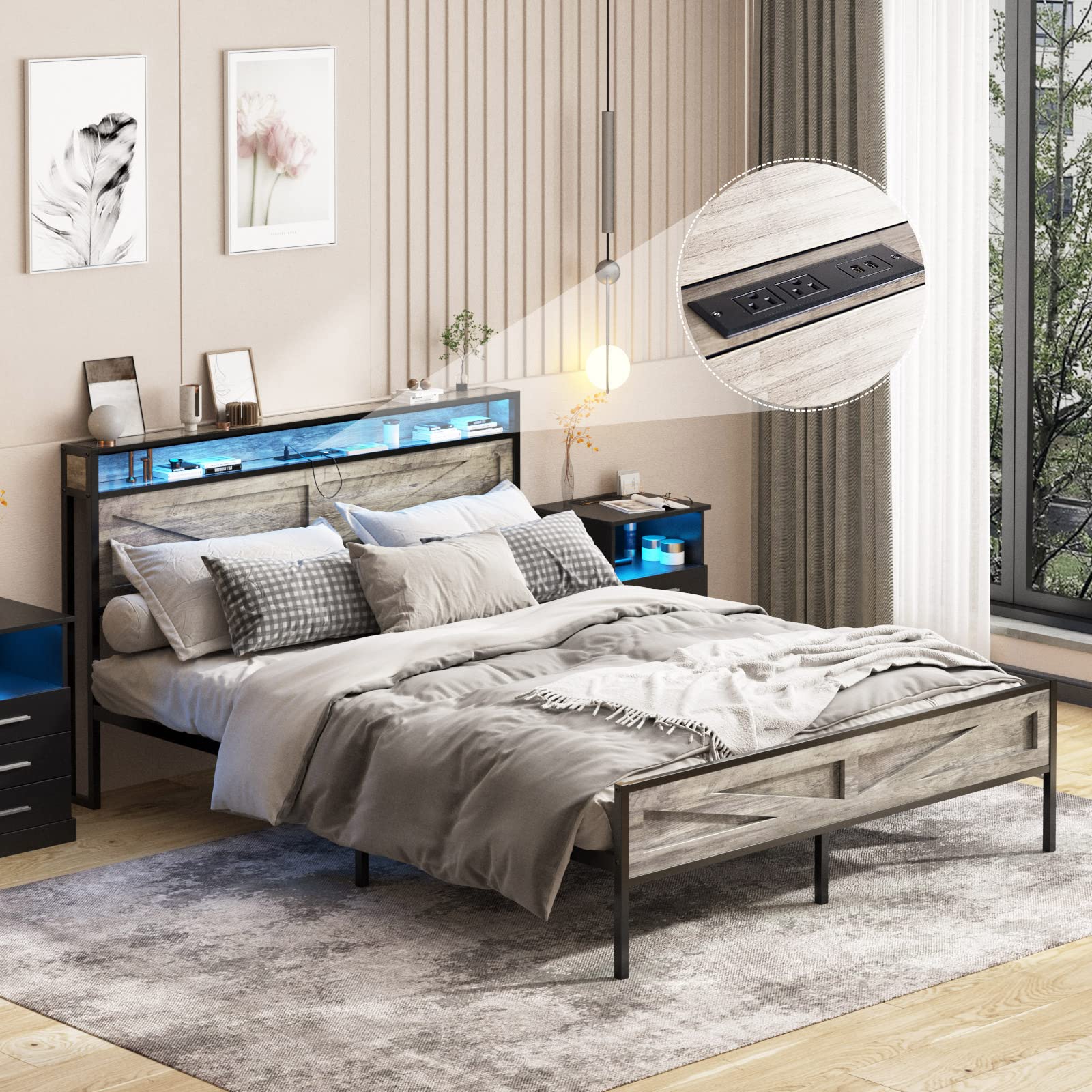 LED Queen Size Bed Frame with USB Charging Station, Metal Platform Headboard & Storage | Noise-Free, Wash Grey | Farmhouse Style Bedroom Lighting for Cozy Nights & Modern Convenience