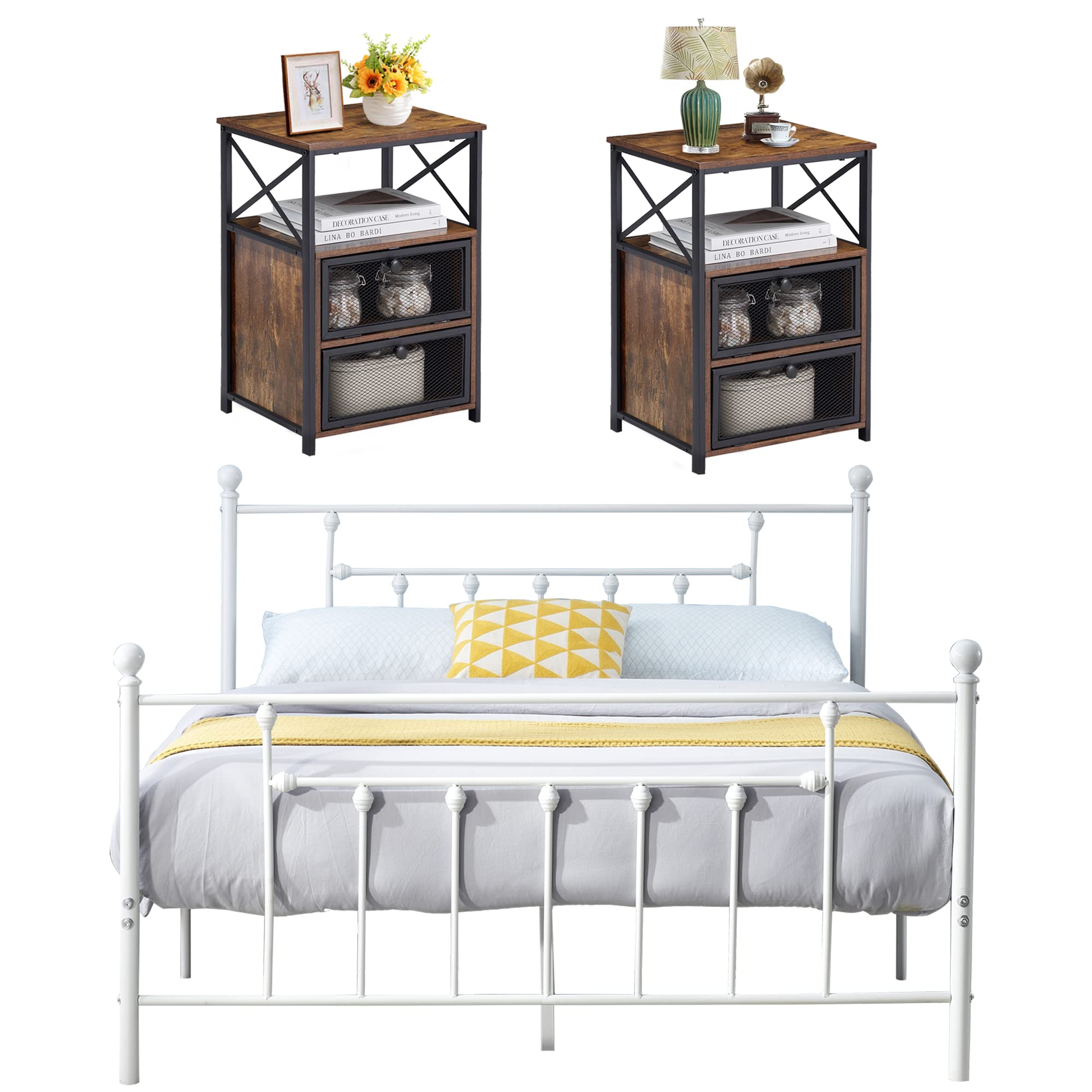 Queen Bed Frame with 2 Nightstands - Heavy Duty Metal Platform Bed Set with Storage Drawers, White & Brown Bedroom Furniture for Master Bedroom, Guest Room & Living Room