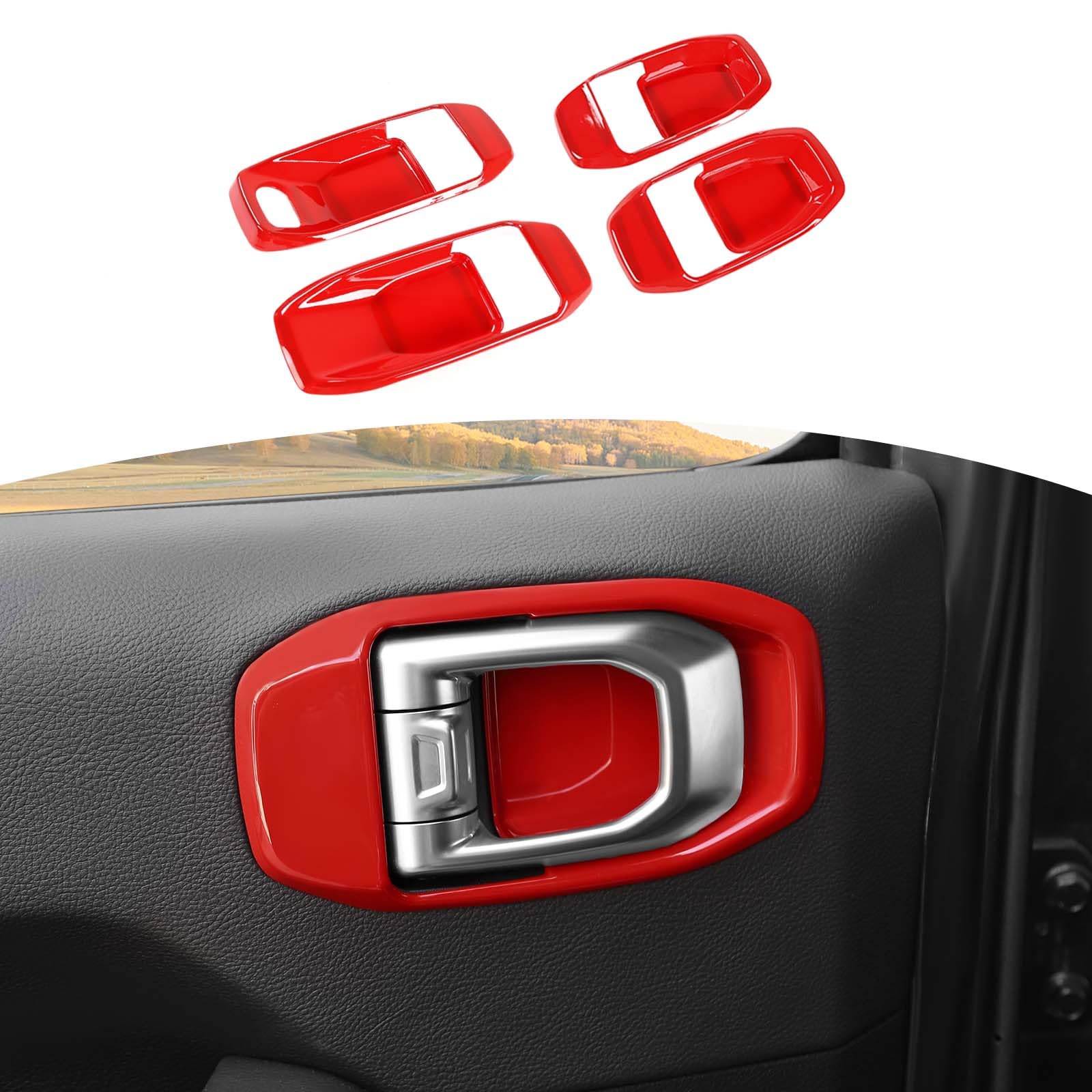 Jeep Wrangler JL JLU & Gladiator JT Inner Door Handle Bowl Cover Trim (2018-Up) - Red Interior Accessories Set of 4 - Upgrade Your Ride's Interior Style for Off-Road Adventures & Daily Commuting