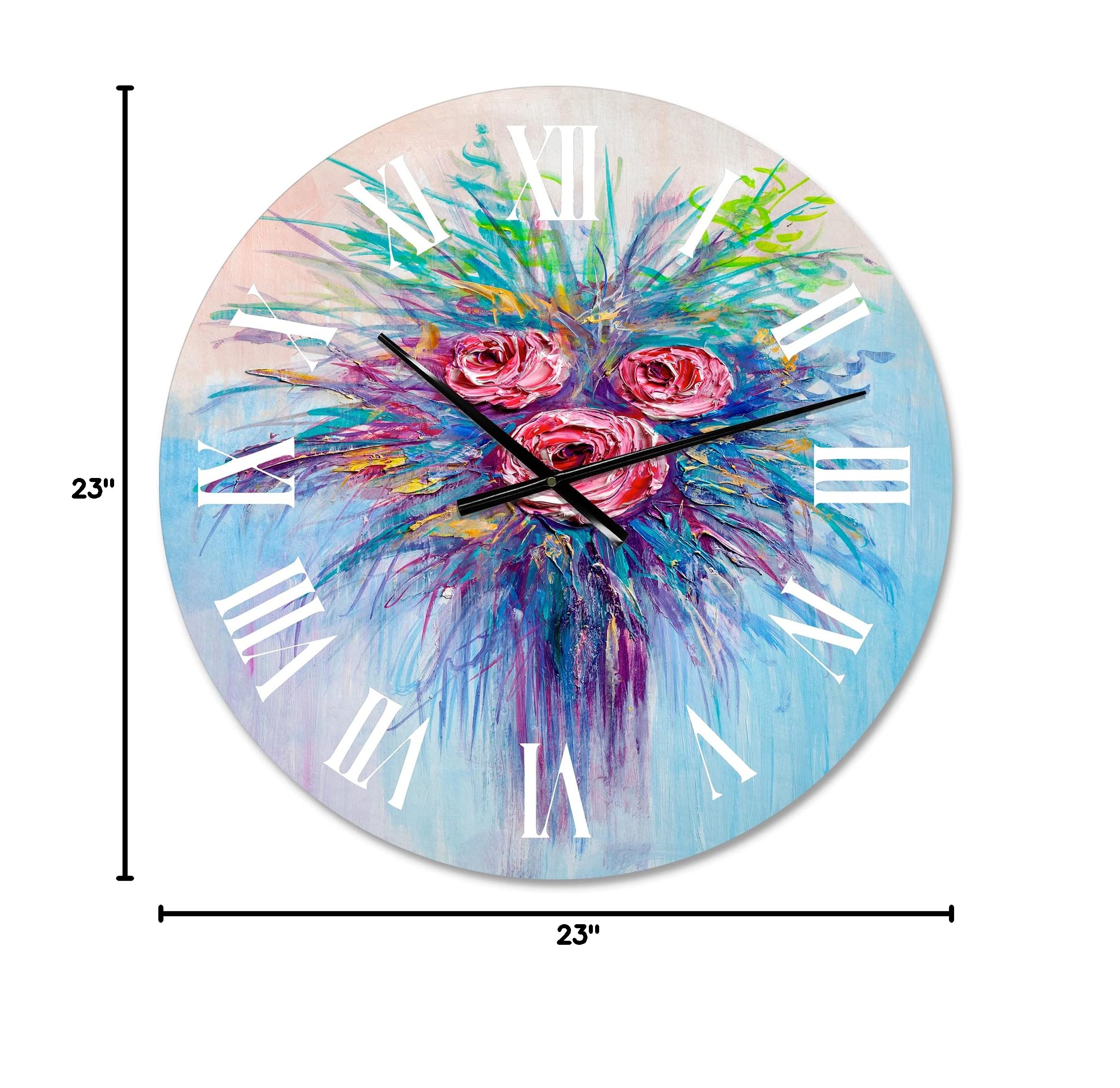 DesignQ Traditional Wall Clock - Large 'Bouquet of Red Roses On Blue' Landscape Nature Wall Clock for Living Room, Bedroom, Office Decor | Perfect Home & Office Gift Idea