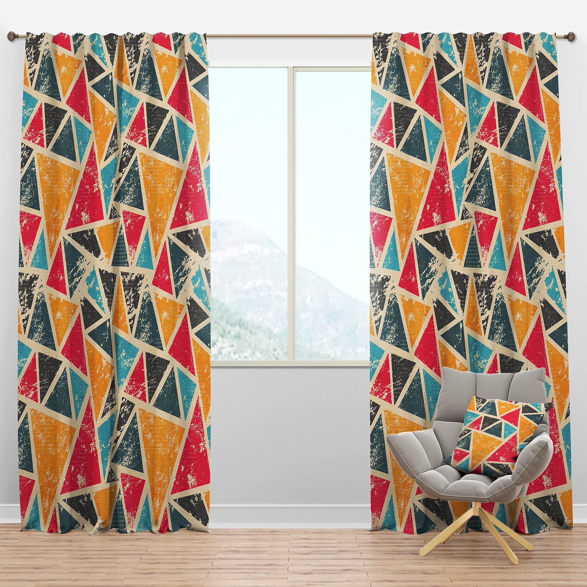 DesignQ Blackout Curtains - Vintage Triangular Geometric Pattern in Yellow, Blue & Black - Thermal Insulated Room Darkening Drapes for Bedroom & Living Room (52x120 Inches, Single Panel) - Perfect for Home Decor, Light Blocking & Temperature Control