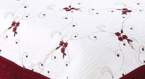 Ultra Soft 3-Piece Burgundy Floral Quilt Set with Embroidered Stitching - California King Size Bedspread & 2 Quilted Shams | Perfect for Summer Bedding, Guest Room Decor & Coastal Home Styling