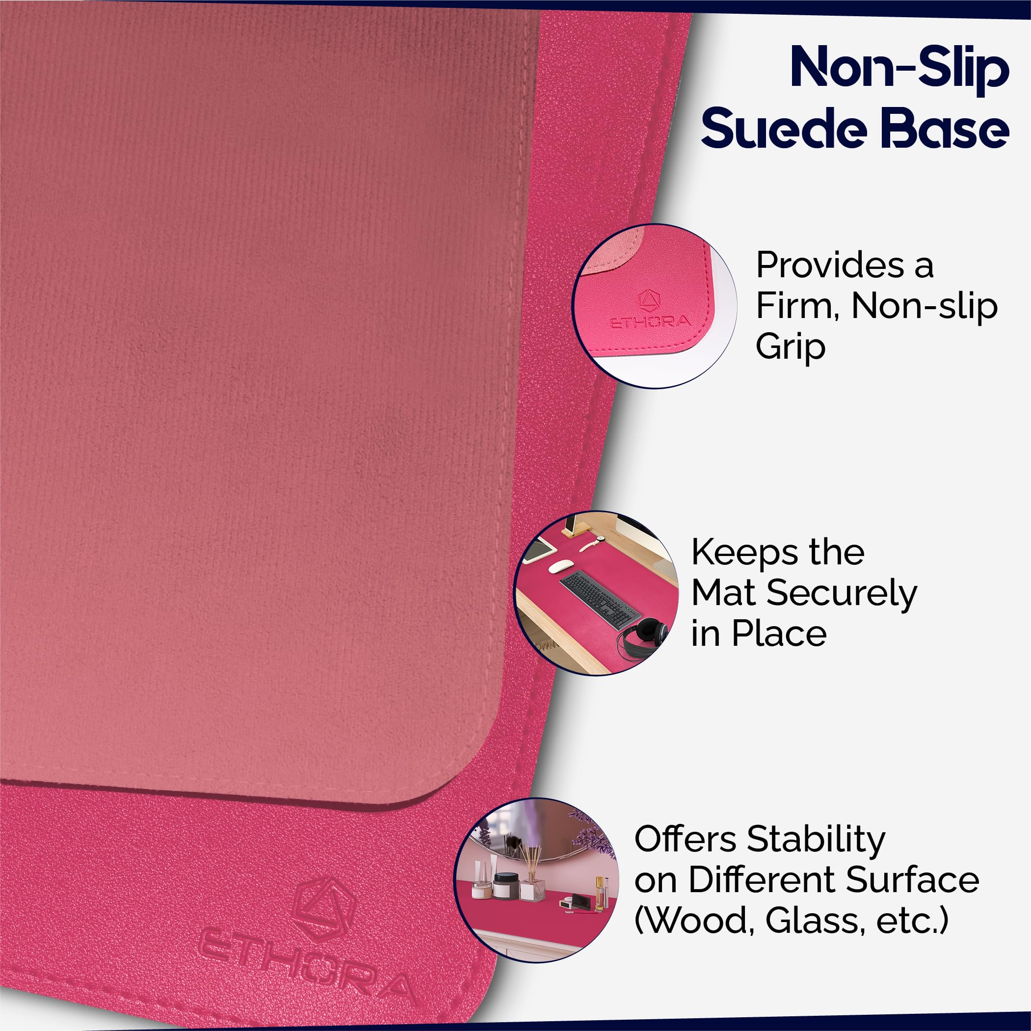 Non-Slip Suede Bottom Leather Desk Mat - Waterproof PU Desk Pad with Stitched Edges for Computer, Mouse & Makeup Vanity - Perfect for Home Office & Beauty Station (Pink, Small Size)