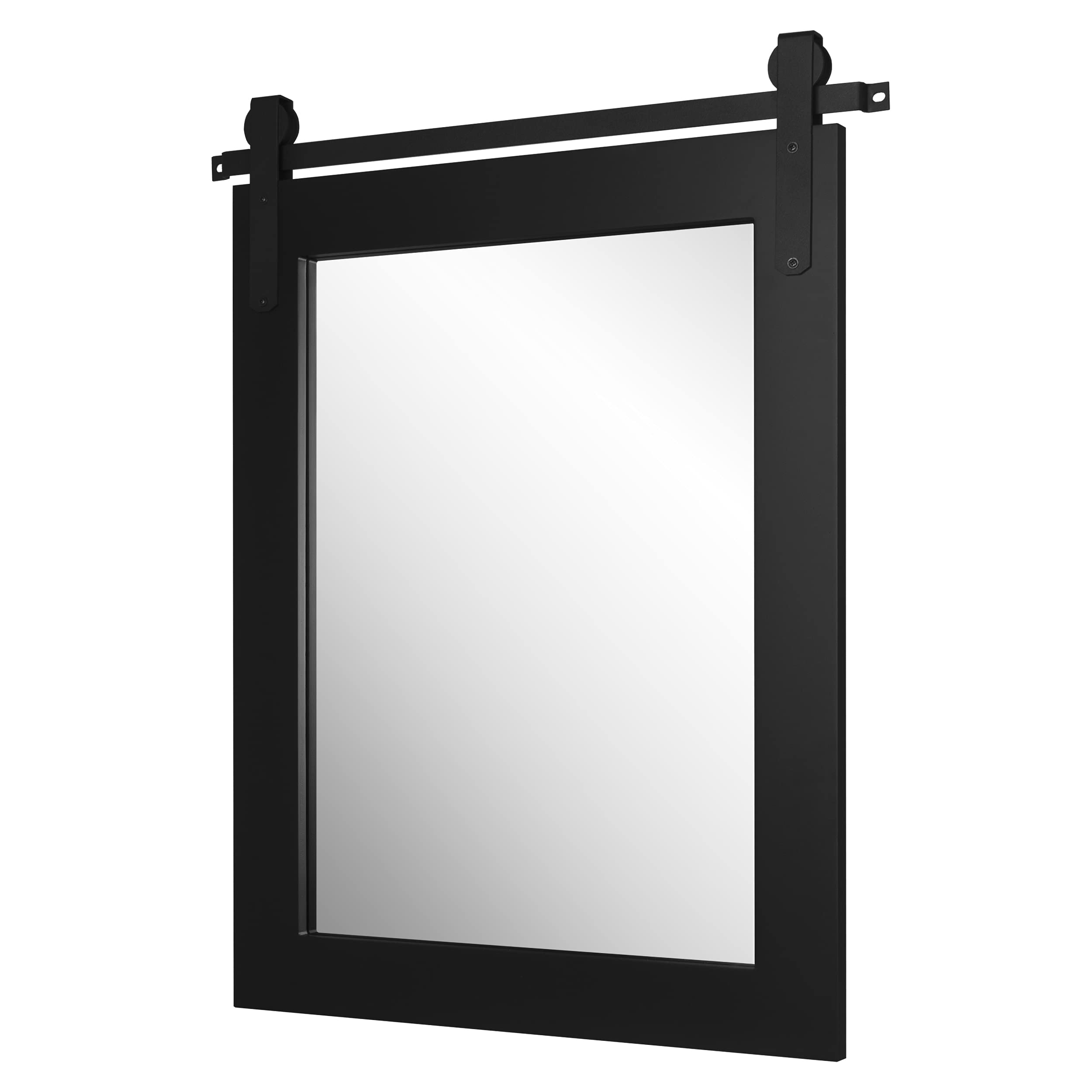 Farmhouse Wood Framed Wall Mirror - Rustic Barn Door Style Black Mirror 22x28 Inches - Perfect for Entryway, Living Room & Bedroom Decor