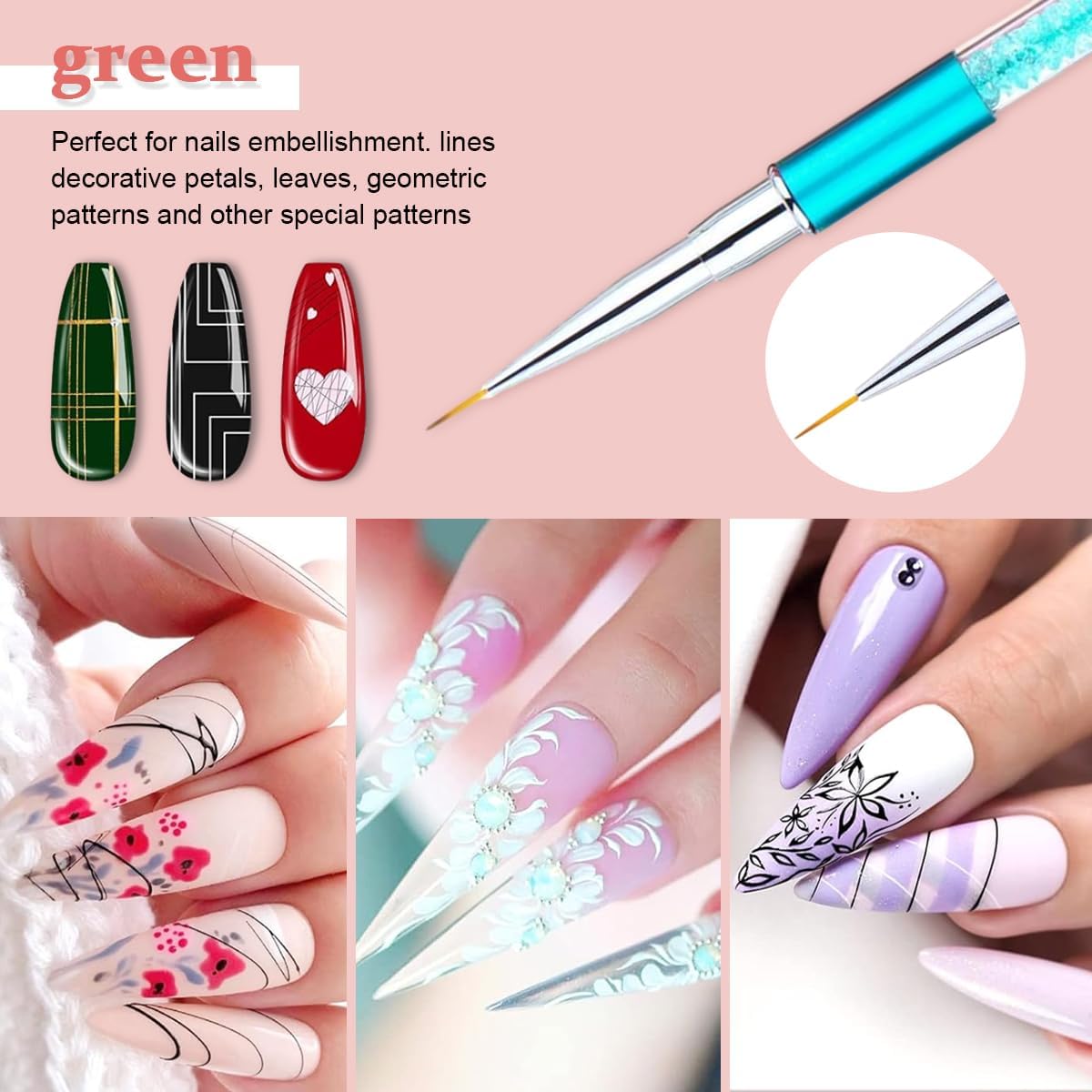 SKINPLUS 5Pcs Gel Nail Art Liner Brushes Set - Professional Painting & Design Pens for Nail Art, Rhinestone Application & Dotting (5/7/9/11/20mm Sizes) - Perfect Gift for Women & DIY Nail Enthusiasts | Salon Quality Tools for Home Manicures & Nail Design