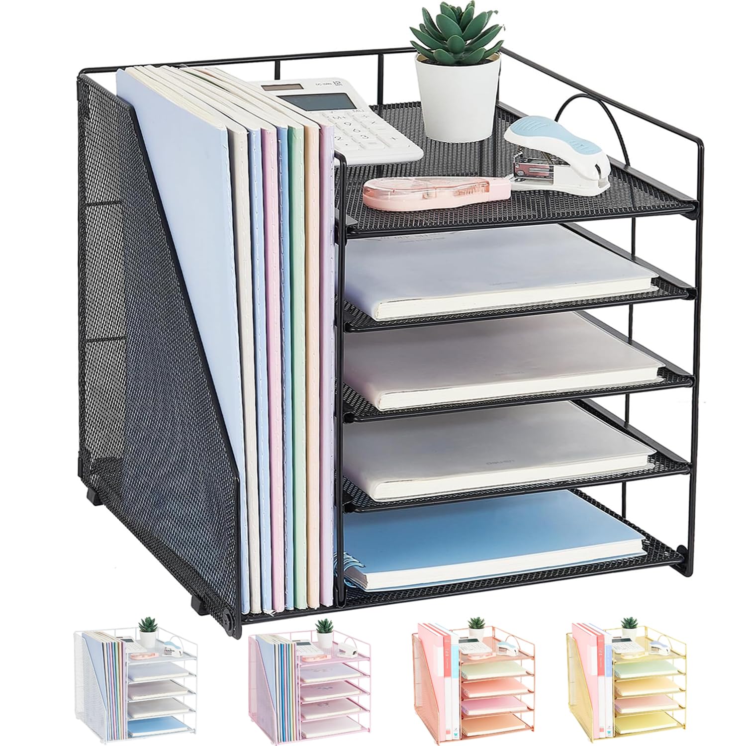 5-Tier Paper Letter Tray Organizer with File Holder - Black Desk Organizer for Office Supplies | Perfect for Home Office, School & Workspace Organization