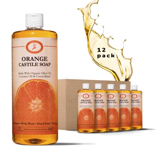 Organic Orange Castile Soap - 32 oz (12 Pack) | USDA Certified Olive Oil & Cocoa Butter Soap | Refillable Citrus Body Wash for Sensitive Skin | Perfect for Shower, Bath & Hand Washing - Carolina Castile Soap