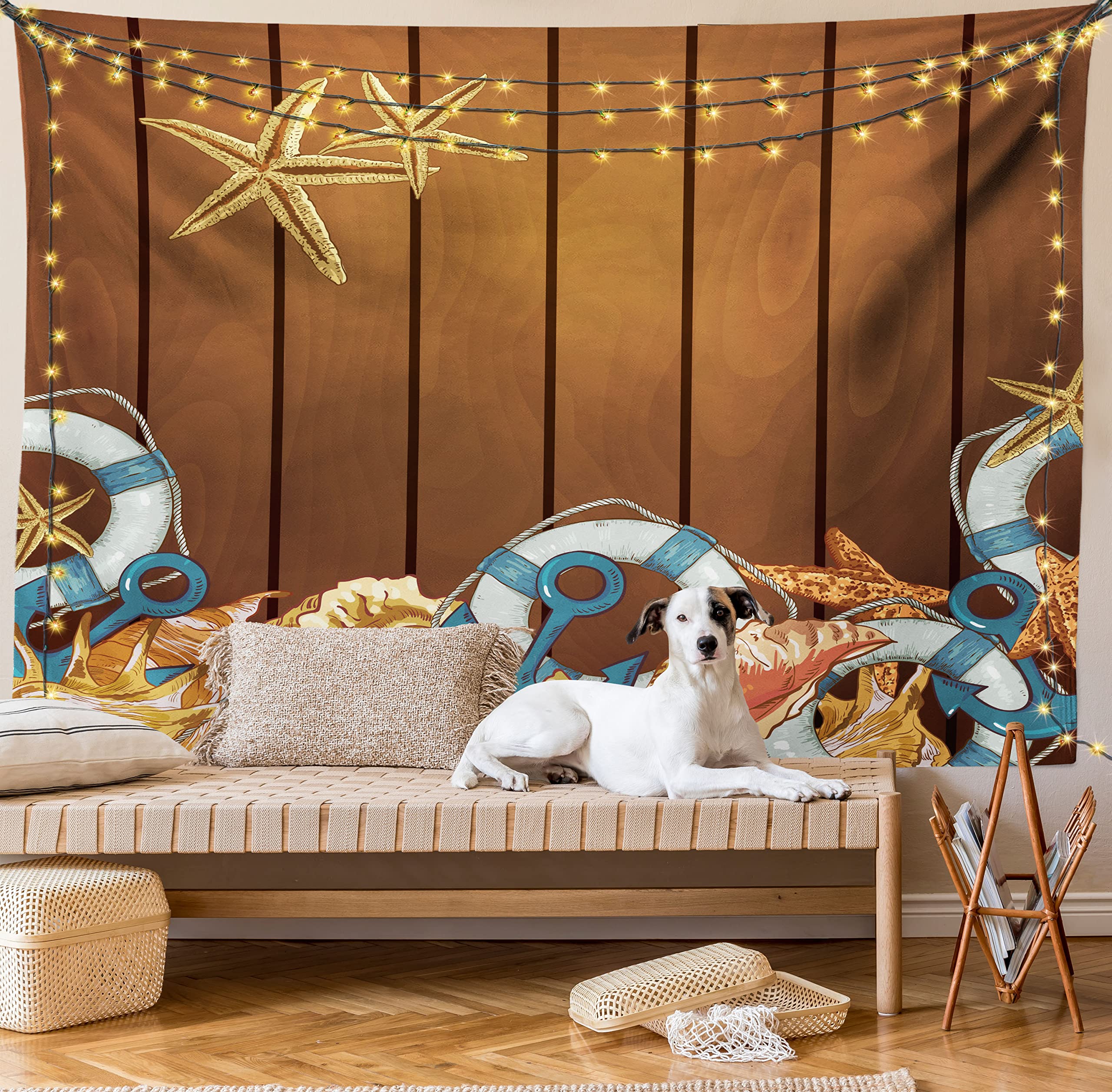 Ambesonne Seashells Tapestry Queen Size - Nautical Wall Hanging with Anchors & Starfish on Wooden Backdrop, Blue White Brown Sea Theme Bedspread - Perfect for Beach House Decor, Bedroom Wall Art, or Coastal Living Room Design