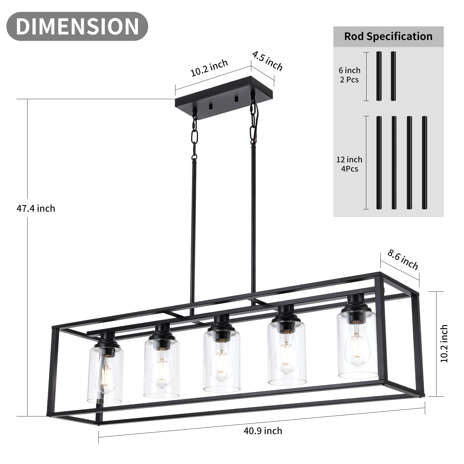 5-Light Black Linear Chandelier - 41