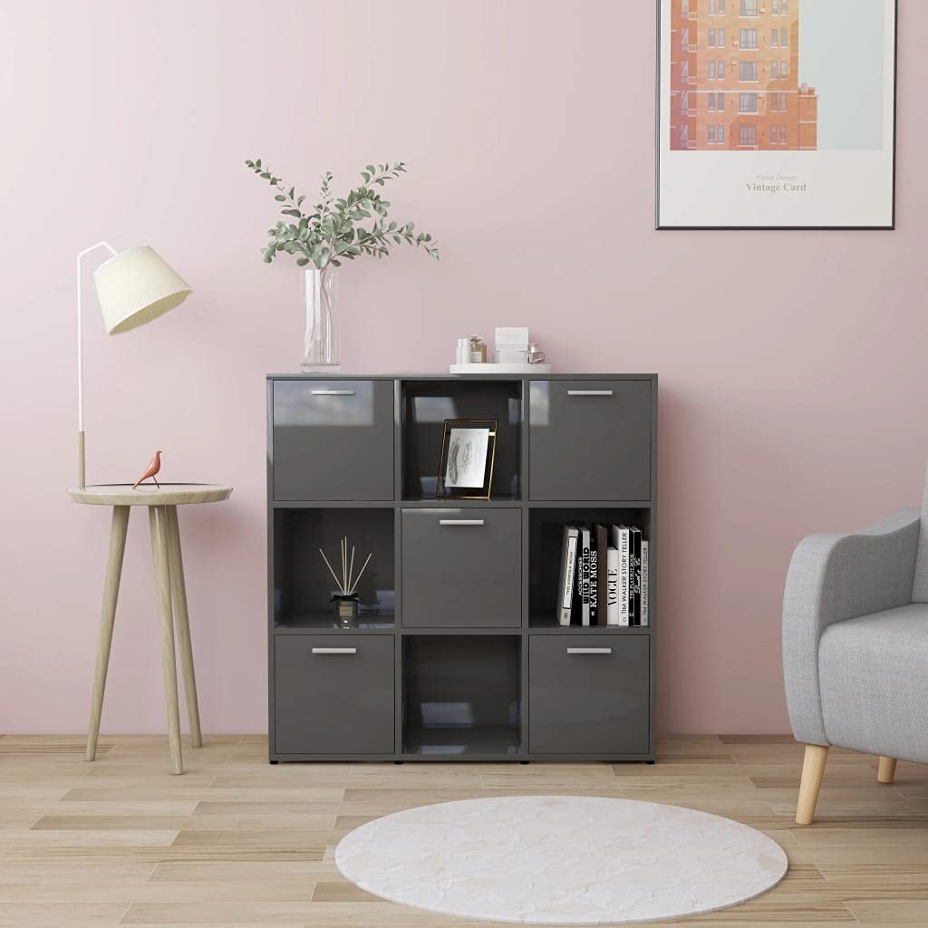 9 Cube Bookcase Storage Shelves - Modern 5-Door Bookshelf with Open Shelves for Home Office, Display & Plant Stand - High Gloss Gray - Perfect for Living Room, Bedroom & Workspace Organization