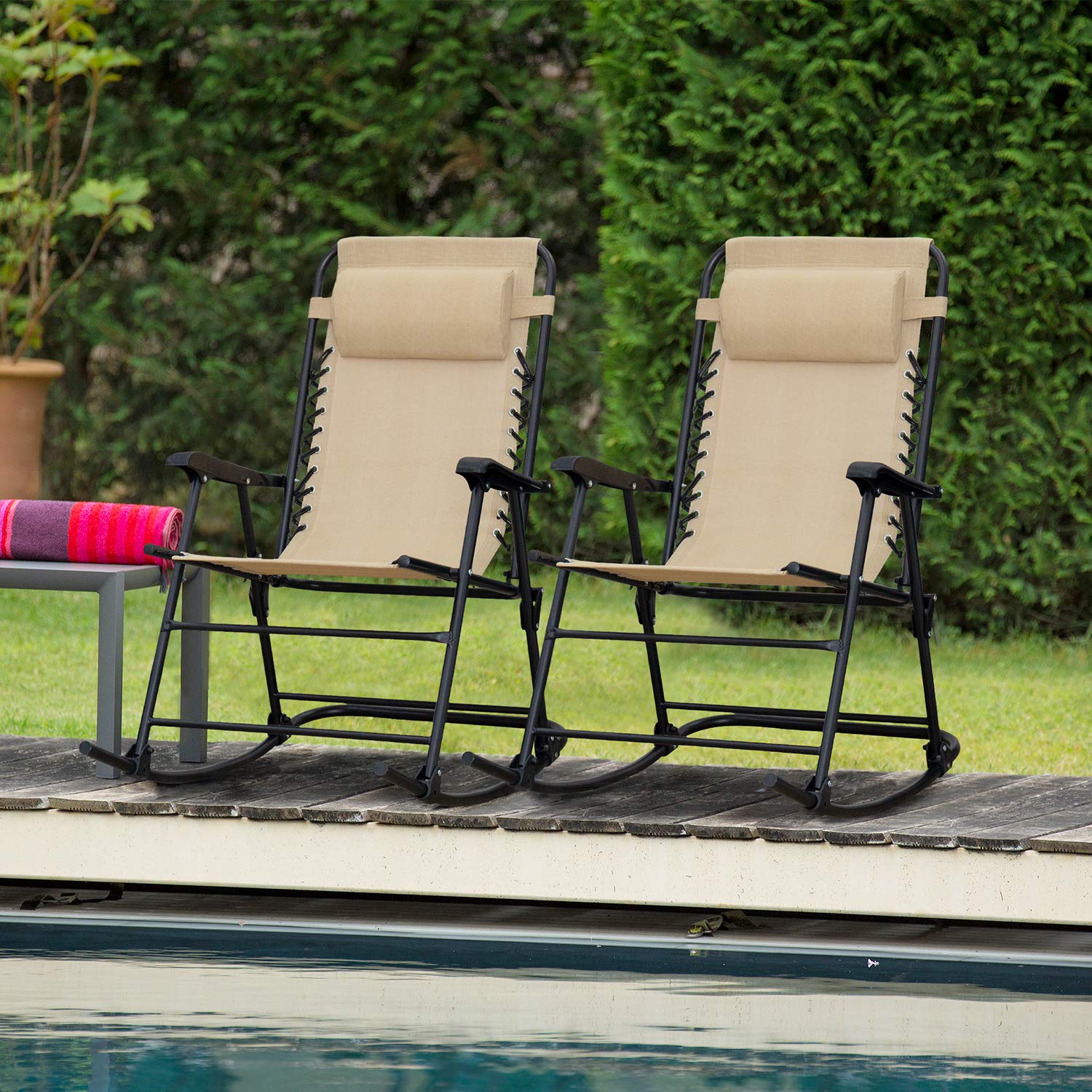 Flamaker Patio Rocking Chair - Zero Gravity Outdoor Folding Recliner Lounge Chair with Adjustable Backrest, Heavy Duty Steel Frame - Perfect for Backyard, Poolside, Beach & Camping (Beige)