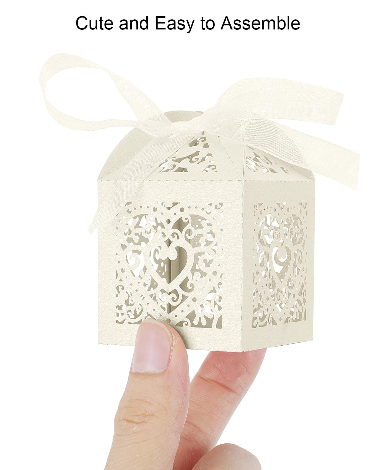 50 Pack Beige Love Heart Hollow Wedding Favor Boxes - 2x2x2 Inch Small Chocolate Candy Gift Boxes with Ribbon for Guests, Birthday Party & Baby Shower Favors | Perfect for Wedding Decorations, Bridal Showers & Special Events