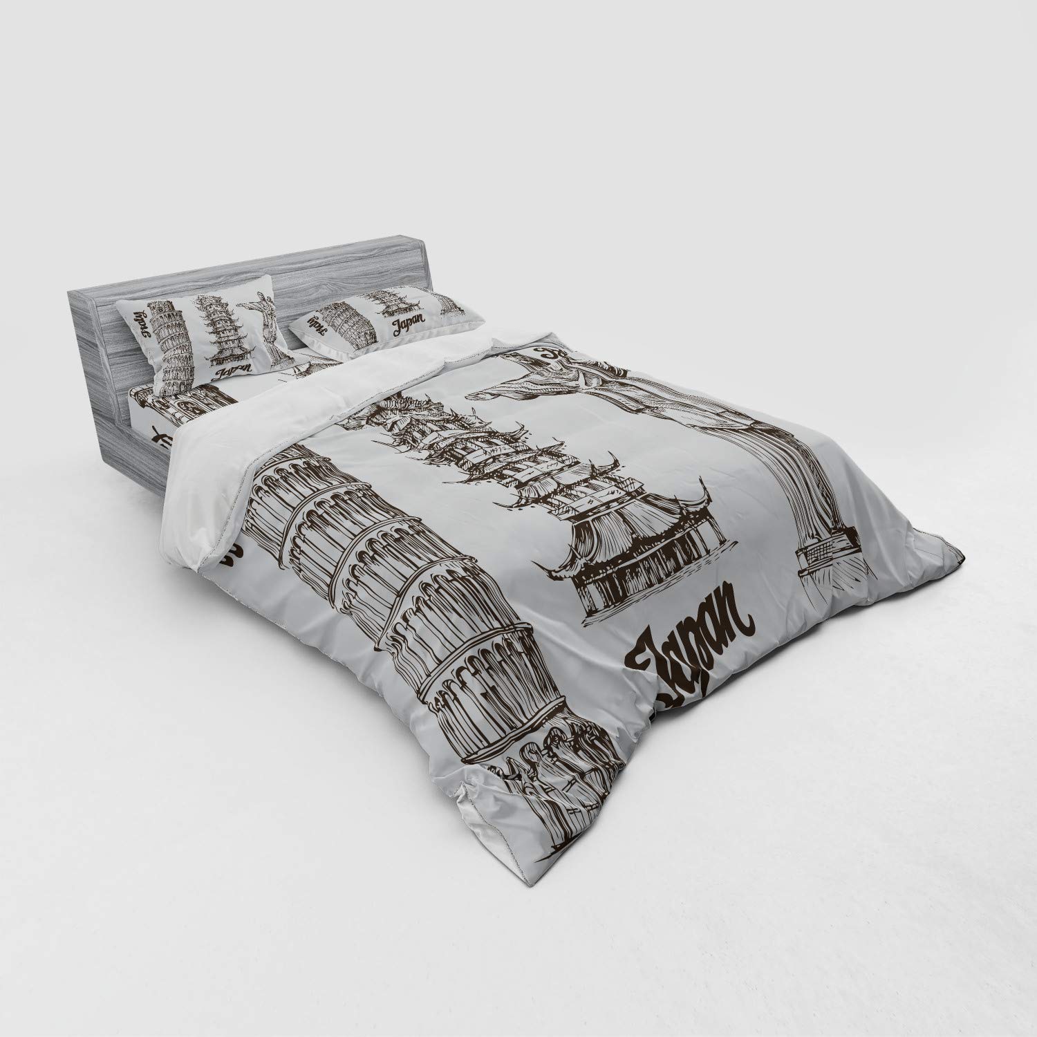 Ambesonne 4-Piece Travel Duvet Cover Set - Leaning Tower of Pisa & Japanese Architecture Design, Queen Size Bedding with Shams & Fitted Sheet in Army Green | Perfect for Travel Lovers, Cultural Decor & Unique Home Bedroom Styling