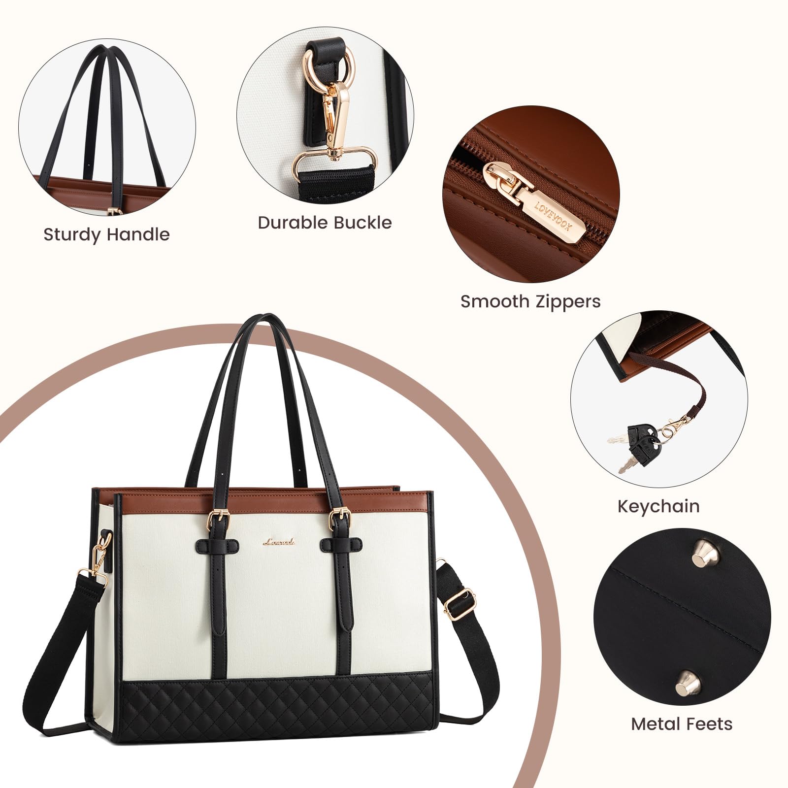 LOVEVOOK 15.6 Inch Canvas Laptop Tote Bag for Women - Large Capacity Work Bag with Detachable Clutch Purse, Durable Computer Briefcase for Office, Business, Travel, College & School | Perfect for Professionals, Teachers & Students