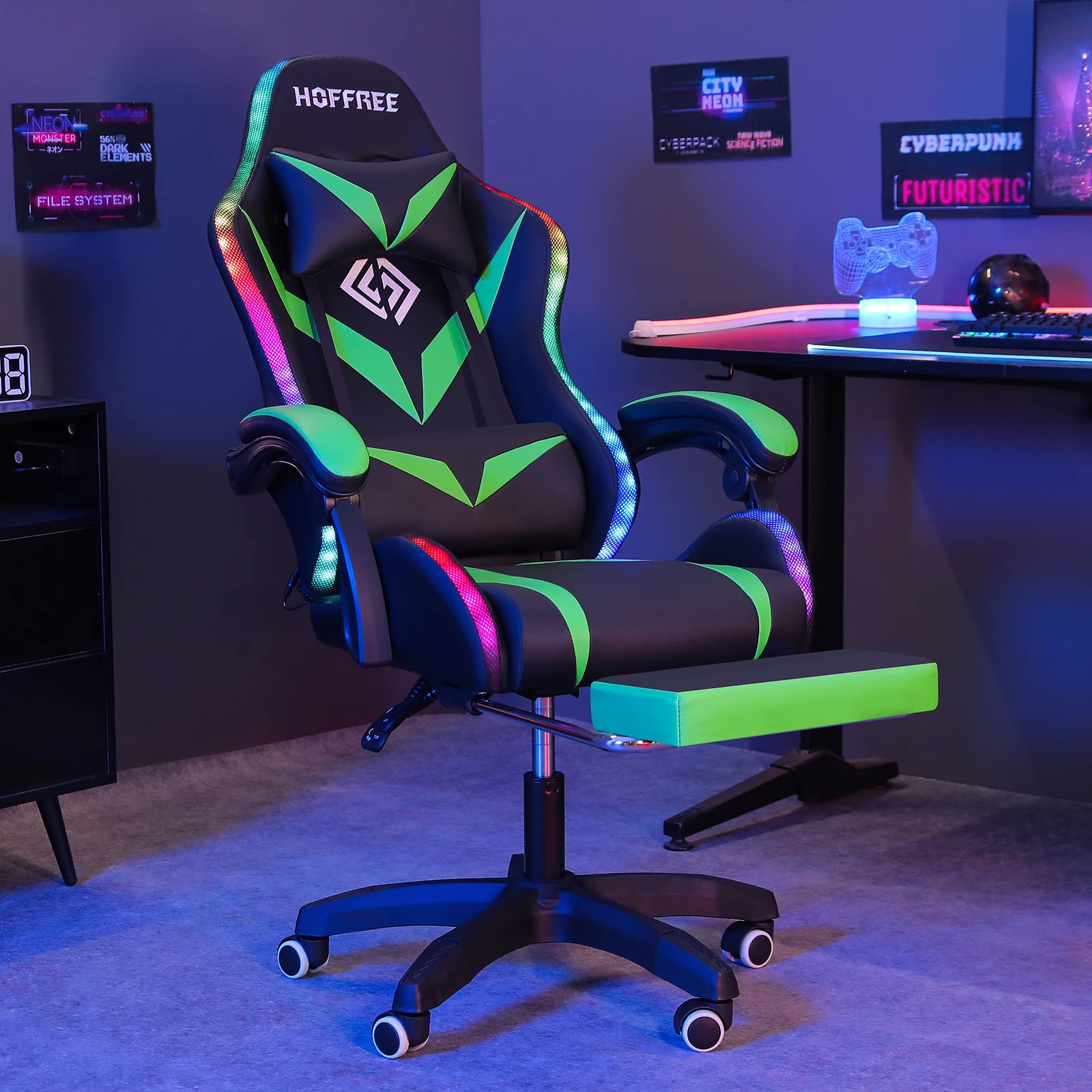 Ergonomic Gaming Chair with Bluetooth Speakers, RGB LED Lights & Lumbar Support - Massage Computer Chair with Adjustable Footrest for PC & Console Gamers (Light Green/Black) - Perfect for Esports, Streaming & Home Office Setup