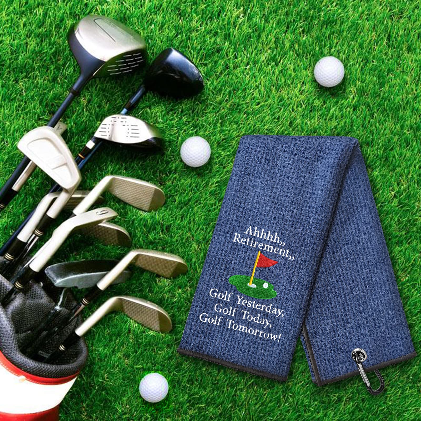 Funny Retirement Golf Towel - Embroidered Navy Blue Golf Towel with Clip for Golf Bags | Perfect Golf Gift for Men, Birthday Present for Golf Lovers, Retirement Gift for Coworker, Father or Grandpa | Great for Golf Courses, Retirement Parties & Father's Day Celebrations